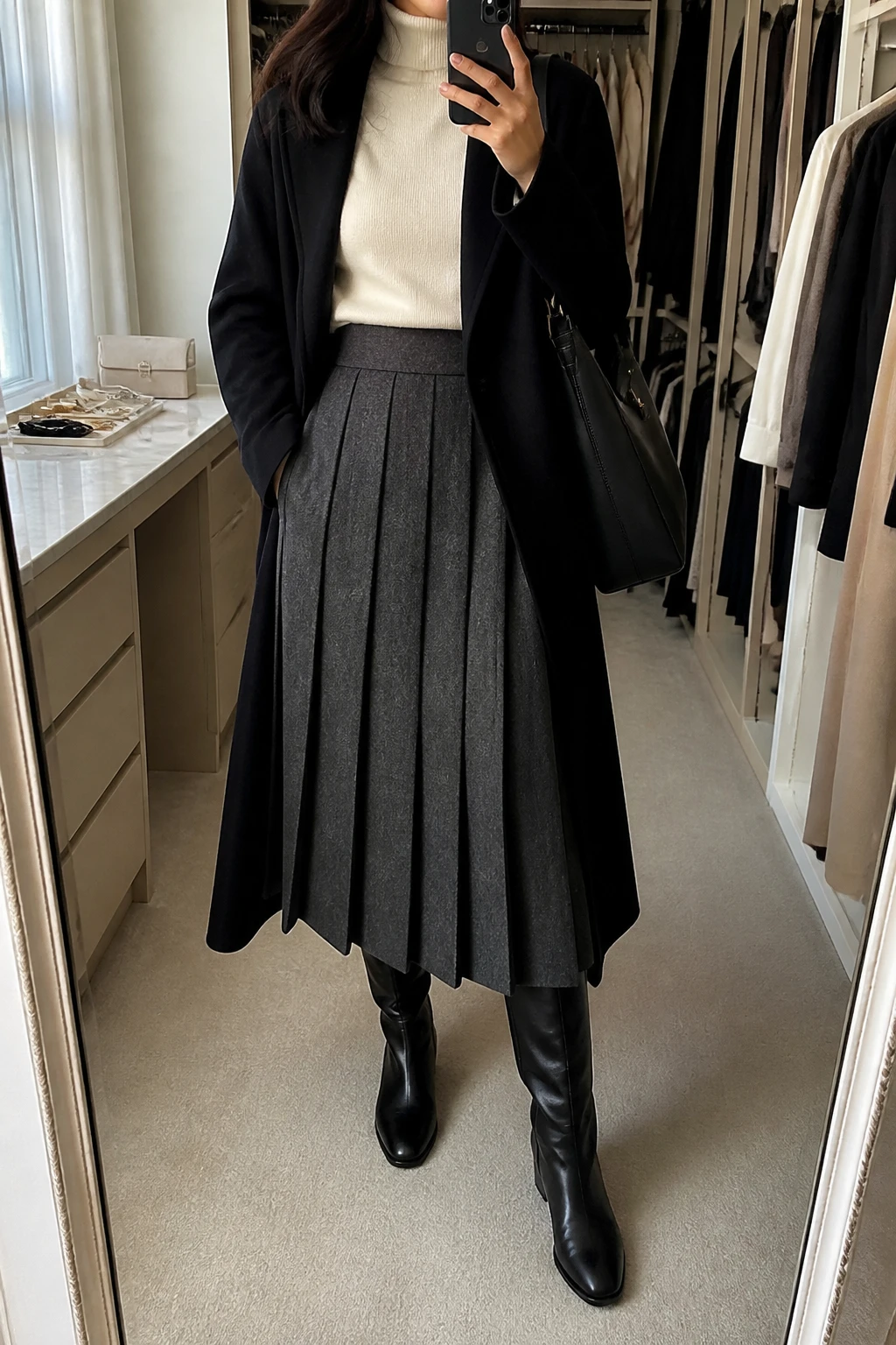 Image Prompt: Mirror selfie of a woman wearing a charcoal grey wool-blend pleated midi skirt, a cream fitted cashmere turtleneck sweater tucked neatly into the waistband, black leather knee-high boots with low block heels, a long black tailored wool coat worn open, and a structured black leather shoulder bag, holding a phone in front of a mirror, cropped at the NECK so the face does not show, with a relaxed casual selfie pose, in a walk-in closet mirror, soft natural window light, an open closet with clothes visible and a jewelry tray on the vanity, realistic wool pleats, natural cashmere texture and black leather boot finish, latest iPhone photo quality, no additional clothing or accessories.