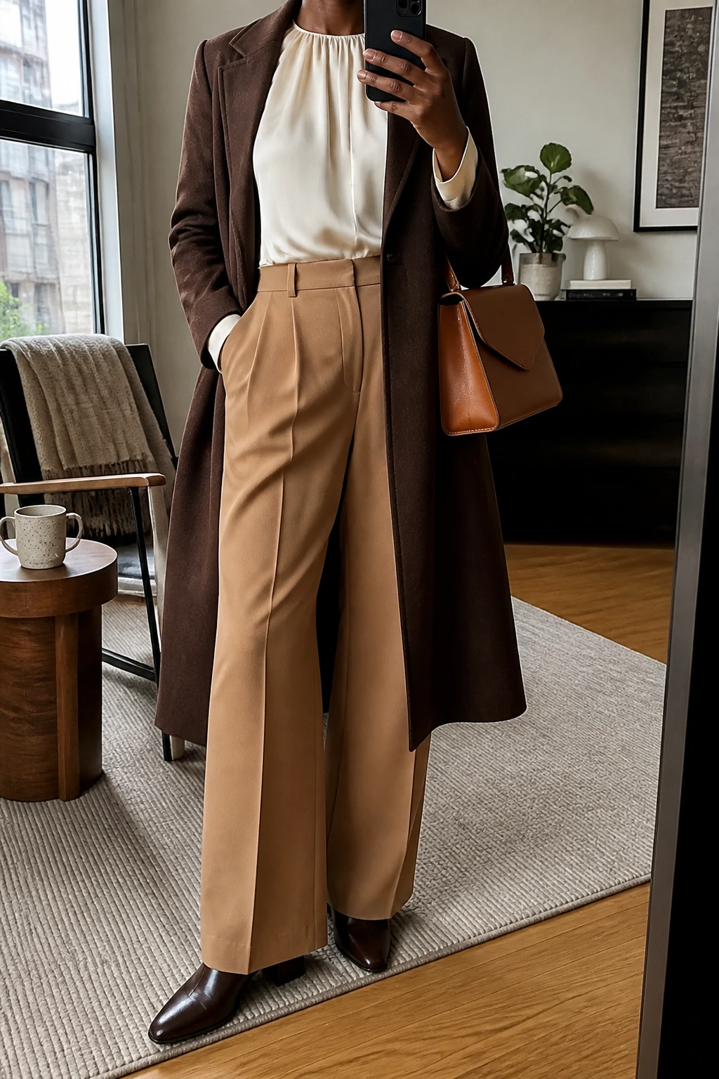 Image Prompt: Mirror selfie of a black woman wearing a cream long-sleeve satin blouse with a modest gathered neckline tucked into camel high-waisted wide-leg wool tailored trousers, a chocolate brown tailored wool coat worn open, dark brown leather pointed-toe low block-heel ankle boots, and a structured caramel leather top-handle handbag, holding a phone in front of a mirror, cropped at the NECK so the face does not show, with a relaxed casual selfie pose, in a stylish city apartment, soft natural window light, a coffee mug on a side table and a folded blanket on a chair, realistic satin blouse folds, natural wool trousers and warm neutral colors, latest iPhone photo quality, no additional clothing or accessories.