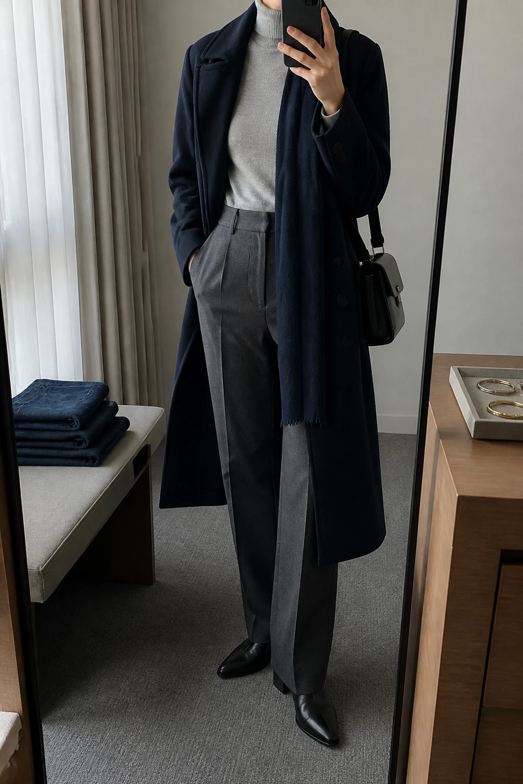 Image Prompt: Mirror selfie of a woman wearing a long navy double-breasted wool coat over a light grey fitted cashmere turtleneck sweater, charcoal grey high-waisted straight-leg tailored trousers, black leather pointed-toe low-heeled ankle boots with rubber soles, a structured black leather shoulder bag, and a navy wool scarf, holding a phone in front of a mirror, cropped at the NECK so the face does not show, with a relaxed casual selfie pose, in a minimal dressing room, soft natural window light, folded denim jeans on a bench and a jewelry tray on the vanity, realistic navy coat fabric and soft grey wool trouser folds, latest iPhone photo quality, no additional clothing or accessories.