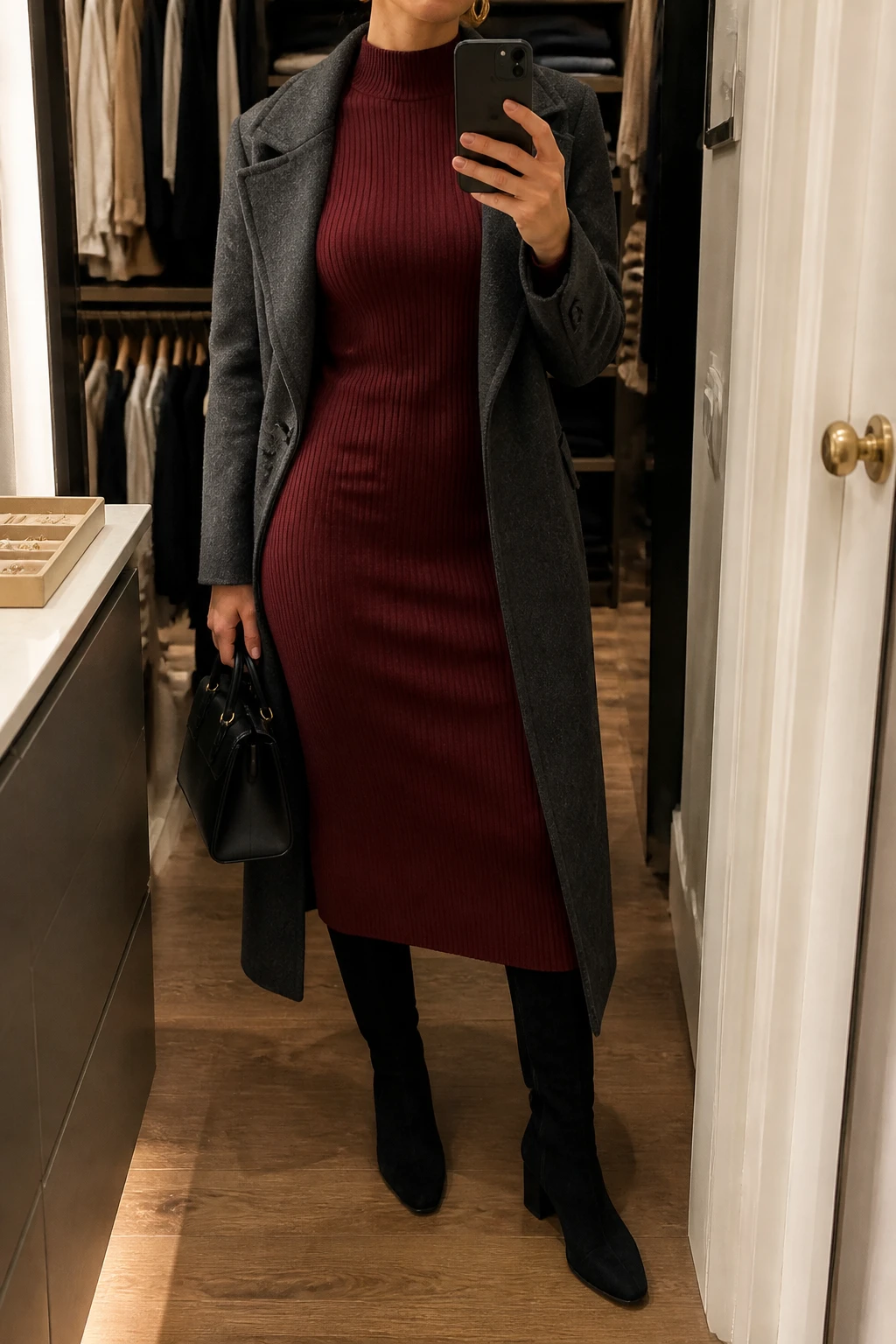 Image Prompt: Mirror selfie of a woman wearing a burgundy long-sleeve ribbed knit midi dress with a fitted waist and high neckline, black suede knee-high boots with low block heels, a long charcoal grey tailored wool coat worn open, a small structured black leather handbag, and delicate gold hoop earrings, holding a phone in front of a mirror, cropped at the NECK so the face does not show, with a relaxed casual selfie pose, in a walk-in closet mirror, warm soft indoor lighting, an open closet with clothes visible and a jewelry tray on the vanity, realistic burgundy ribbed knit texture, subtle suede finish and natural fabric folds, latest iPhone photo quality, no additional clothing or accessories.