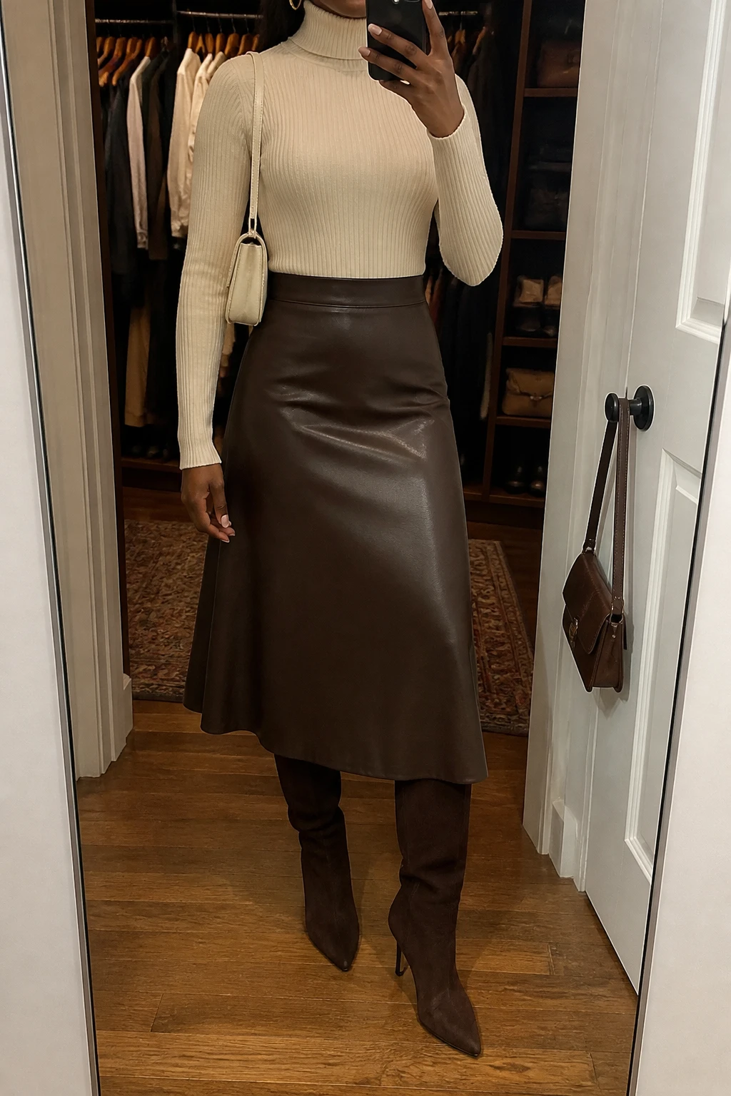 Image Prompt: Mirror selfie of a black woman wearing a cream fitted ribbed turtleneck sweater tucked into a chocolate brown faux-leather A-line midi skirt, dark brown suede knee-high heeled boots, a small cream structured shoulder bag, and gold chunky hoop earrings, holding a phone in front of a mirror, cropped at the NECK so the face does not show, with a relaxed casual selfie pose, in a walk-in closet mirror, warm moody indoor lighting, an open closet with clothes visible and a handbag hanging on a door handle, believable leather and suede textures, natural pose, latest iPhone photo quality, no additional clothing or accessories.
