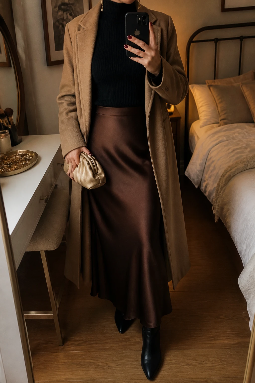 Image Prompt: Mirror selfie of a woman wearing a black fitted ribbed turtleneck sweater tucked into a chocolate brown satin bias-cut maxi skirt, black leather pointed-toe ankle boots with low block heels, a long camel tailored wool coat worn open, a small champagne satin clutch, and delicate gold drop earrings, holding a phone in front of a mirror, cropped at the NECK so the face does not show, with a relaxed casual selfie pose, in a feminine-themed bedroom, warm moody lighting, a jewelry tray on the vanity and soft pillows on an unmade bed, realistic chocolate satin fabric with gentle reflections, natural black ribbed knit texture, soft camel wool folds, latest iPhone photo quality, no additional clothing or accessories.