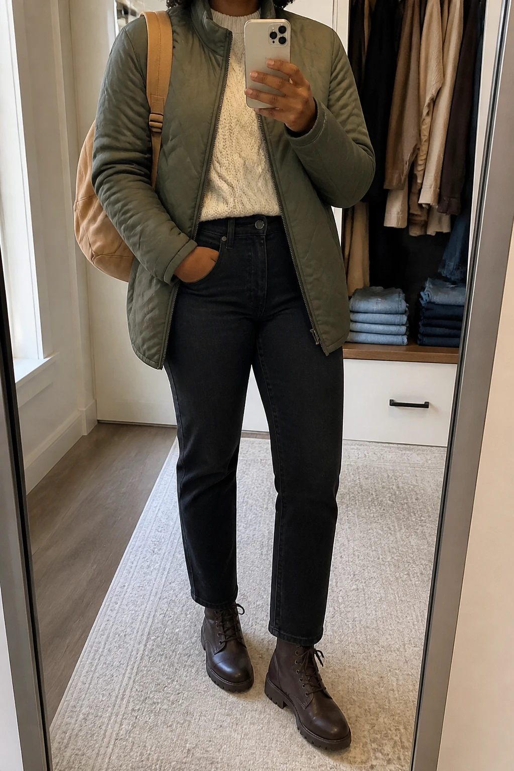 Image Prompt: Mirror selfie of a black woman wearing an olive green insulated hip-length quilted jacket over an oatmeal chunky cable-knit crewneck sweater, black high-waisted straight-leg denim jeans, dark brown waterproof leather lace-up ankle boots with flat lug soles, and a medium tan canvas zippered backpack, holding a phone in front of a full-length mirror, cropped at the NECK so the face does not show, with a relaxed casual selfie pose, in a walk-in closet mirror, soft natural window light, an open closet with clothes visible and folded denim jeans on a bench, realistic olive quilted fabric, believable knit texture and natural black denim creases, latest iPhone photo quality, no additional clothing or accessories.