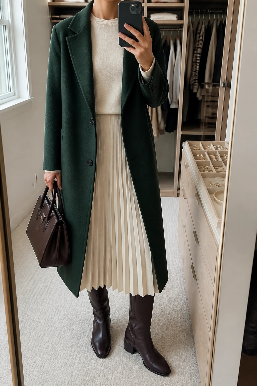 Image Prompt: Mirror selfie of a woman wearing a long dark forest green single-breasted wool coat over a cream fitted cashmere crewneck sweater, a matching cream wool-blend pleated midi skirt, dark brown leather knee-high low block-heel boots, and a structured chocolate brown leather handbag, holding a phone in front of a mirror, cropped at the NECK so the face does not show, with a relaxed casual selfie pose, in a walk-in closet mirror, soft natural window light, an open closet with clothes visible and a jewelry tray on the vanity, realistic forest green wool fabric, natural cream pleats and soft sweater texture, latest iPhone photo quality, no additional clothing or accessories.