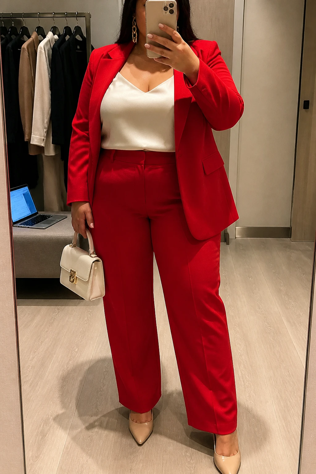 Mirror selfie of a plus size woman wearing a bright red tailored blazer with matching high-waisted straight-leg trousers, an ivory satin camisole with wide straps, nude pointed block heels, a small ivory structured handbag, and gold chain earrings, clearly showing the exact suit, red color, ivory camisole, footwear, and accessories listed, holding a phone in front of a mirror, cropped at the neck so the face is hidden, relaxed powerful selfie pose, in a minimal dressing room with soft indoor lighting, a clothing rack with garments behind her and a laptop on a bench, realistic bold graduation outfit, latest iPhone photo quality.