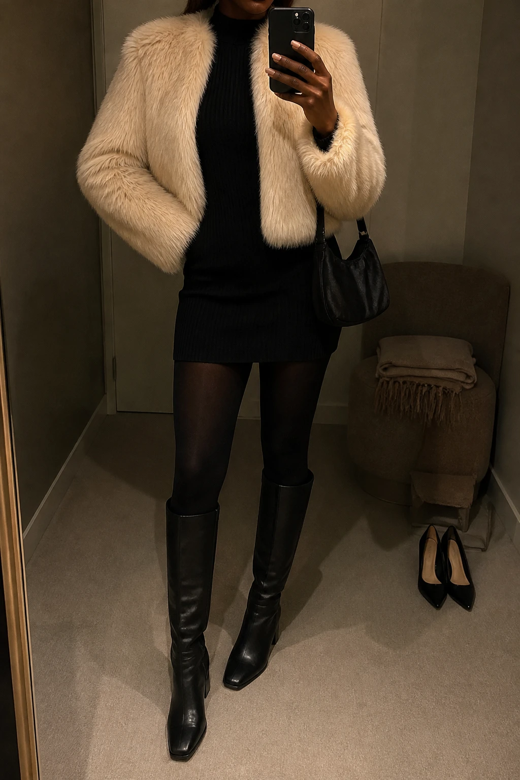 Image Prompt: Mirror selfie of a black woman wearing a cropped cream faux-fur jacket over a black long-sleeve fitted ribbed knit mini dress with a high neckline, black opaque thermal tights, black leather knee-high boots with block heels, and a small black satin shoulder bag, holding a phone in front of a mirror, cropped at the NECK so the face does not show, with a relaxed casual selfie pose, in a minimal dressing room, warm moody lighting, a pair of heels on the floor and a folded blanket on a chair, realistic cream faux-fur texture, natural black ribbed knit fabric, soft evening shadows, latest iPhone photo quality, no additional clothing or accessories.