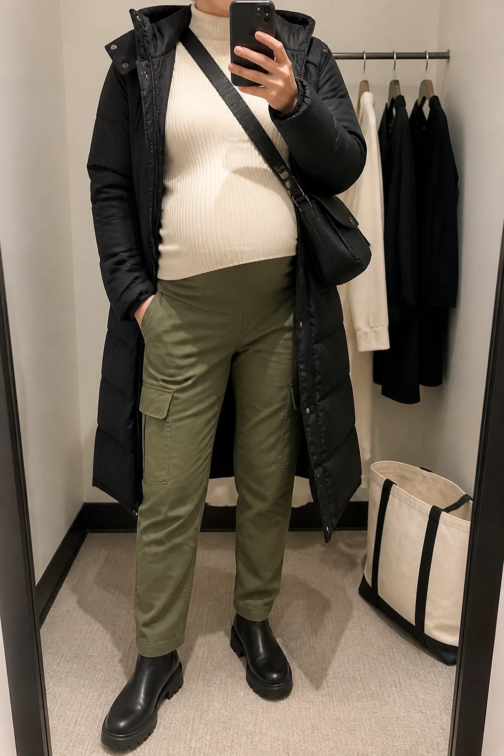 Image Prompt: Mirror selfie of a visibly pregnant woman wearing a long black insulated hooded puffer coat worn open over a cream relaxed-fit maternity thermal mock-neck sweater, olive green over-the-bump straight-leg maternity cargo trousers with practical side pockets, black waterproof leather chunky flat Chelsea boots with grippy soles, and a small black nylon crossbody bag, holding a phone in front of a mirror, cropped at the NECK so the face does not show, with a relaxed casual selfie pose and realistic rounded baby bump, in a minimal dressing room, soft indoor lighting, a tote bag resting on the floor and a clothing rack with garments behind, realistic black puffer volume, natural olive cargo fabric folds, comfortable pregnancy proportions, latest iPhone photo quality, no additional clothing or accessories.