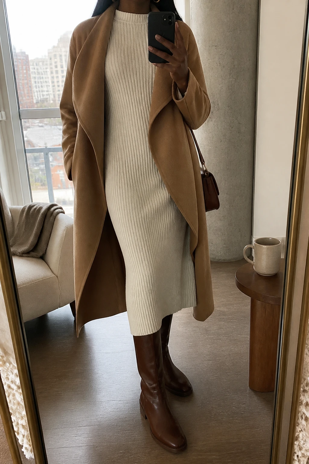 Image Prompt: Mirror selfie of a black woman wearing a cream ribbed knit midi sweater dress, chocolate brown leather knee-high boots with low block heels, an open camel wool wrap coat, a small structured brown leather shoulder bag, and delicate gold hoop earrings, holding a phone in front of a full-length mirror, cropped at the NECK so the face does not show, with a relaxed casual selfie pose, in a stylish city apartment, soft natural window light, a coffee mug on a side table and a folded blanket on a chair, natural fabric folds, realistic proportions, slightly imperfect lived-in appearance, latest iPhone photo quality, no additional clothing or accessories.