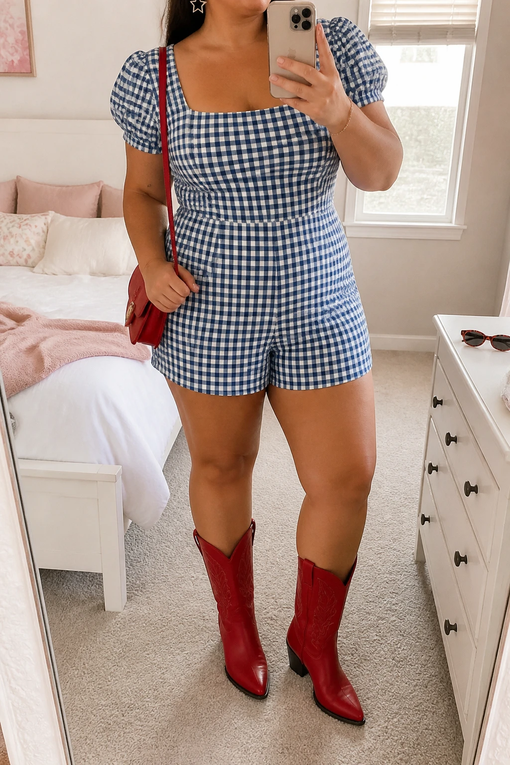 Mirror selfie of a plus size woman wearing a blue and white gingham romper with short puff sleeves, a square neckline, tailored shorts, and a softly fitted waist, bright red mid-calf cowboy boots, a small red leather shoulder bag, and silver star-shaped earrings, clearly showing the exact romper, gingham print, red boots, matching bag, and accessories listed, holding a phone in front of a mirror, cropped at the neck so the face does not appear, relaxed playful selfie pose, in a feminine-themed bedroom with natural window light, soft pillows on an unmade bed and sunglasses placed on a dresser, realistic festival outfit, latest iPhone photo quality.