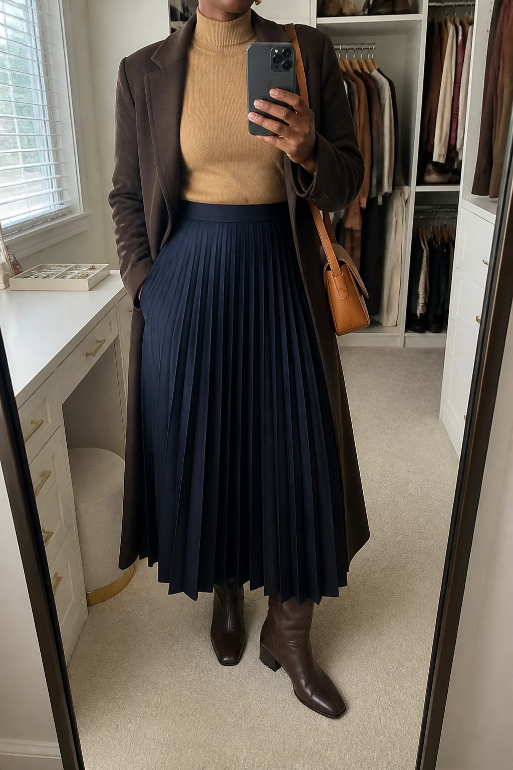 Image Prompt: Mirror selfie of a black woman wearing a camel fitted cashmere turtleneck sweater tucked into a navy high-waisted wool-blend pleated maxi skirt, dark brown leather knee-high boots with low block heels, a long chocolate brown tailored wool coat worn open, a structured tan leather shoulder bag, and delicate gold stud earrings, holding a phone in front of a mirror, cropped at the NECK so the face does not show, with a relaxed casual selfie pose, in a walk-in closet mirror, soft natural window light, an open closet with clothes visible and a jewelry tray on the vanity, realistic navy pleated wool fabric, natural camel cashmere texture, soft chocolate coat folds, latest iPhone photo quality, no additional clothing or accessories.