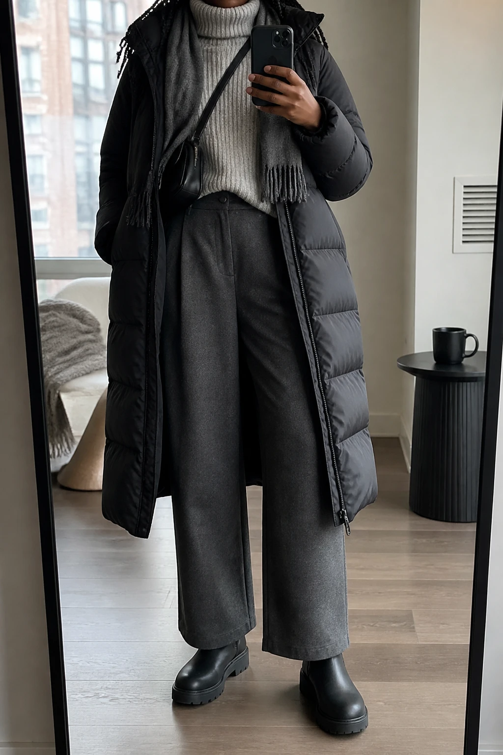 Image Prompt: Mirror selfie of a black woman wearing a long black insulated hooded puffer coat extending below the knees, worn open over a heather grey chunky ribbed turtleneck sweater, charcoal grey high-waisted wide-leg wool-blend trousers with black thermal leggings layered underneath, black waterproof insulated ankle boots with thick rubber lug soles, a black ribbed knit beanie, a charcoal grey wool scarf, and a small black nylon crossbody bag, holding a phone in front of a full-length mirror, cropped at the NECK so the face does not show, with a relaxed casual selfie pose, in a stylish city apartment, soft natural window light, a folded blanket on a chair and a coffee mug on a side table, realistic black puffer volume, natural grey wool trouser folds, believable chunky knit texture, natural imperfections, latest iPhone photo quality, no additional clothing or accessories.