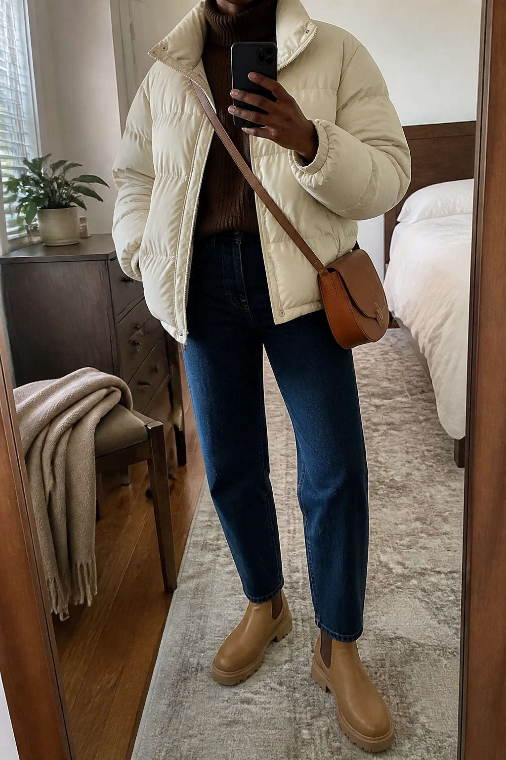 Image Prompt: Mirror selfie of a black woman wearing a cream oversized insulated quilted puffer jacket over a chocolate brown chunky ribbed turtleneck sweater, dark indigo high-waisted straight-leg denim jeans, tan leather chunky Chelsea boots with flat rubber soles, and a medium caramel leather crossbody bag, holding a phone in front of a mirror, cropped at the NECK so the face does not show, with a relaxed casual selfie pose, in a cozy bedroom mirror setup, soft natural window light, a folded blanket on a chair and a small plant on a dresser, realistic cream puffer volume, natural sweater texture, authentic dark denim creases, rich natural skin tone visible on hands, latest iPhone photo quality, no additional clothing or accessories.