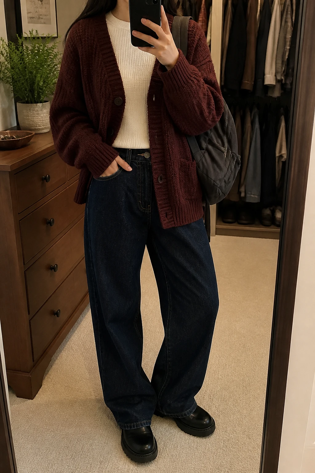 Image Prompt: Mirror selfie of a woman wearing an oversized burgundy chunky-knit button-front cardigan over an ivory fitted long-sleeve thermal crewneck top, dark indigo high-waisted baggy straight-leg jeans, black leather chunky flat ankle boots with rubber soles, and a medium charcoal grey nylon zippered backpack, holding a phone in front of a mirror, cropped at the NECK so the face does not show, with a relaxed casual selfie pose, in a walk-in closet mirror, warm soft indoor lighting, an open closet with clothes visible and a small plant on a dresser, realistic burgundy knit stitches, natural dark denim folds and everyday winter styling, latest iPhone photo quality, no additional clothing or accessories.