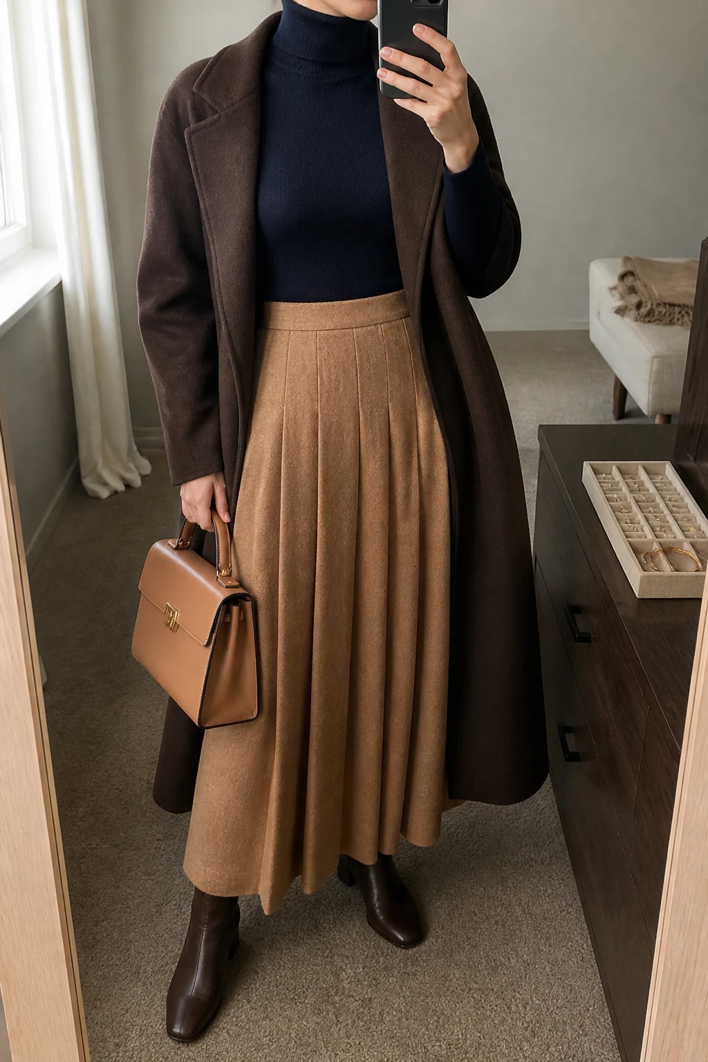 Image Prompt: Mirror selfie of a woman wearing a navy fitted fine-knit cashmere turtleneck tucked into a camel high-waisted wool-blend pleated maxi skirt, chocolate brown leather knee-high boots with low block heels, a long dark brown wool wrap coat worn open, and a structured tan leather top-handle handbag, holding a phone in front of a mirror, cropped at the NECK so the face does not show, with a relaxed casual selfie pose, in a minimal dressing room, soft natural window light, a jewelry tray on the vanity and a folded blanket on a chair, realistic camel wool pleats, natural navy cashmere texture, soft brown leather finish, latest iPhone photo quality, no additional clothing or accessories.
