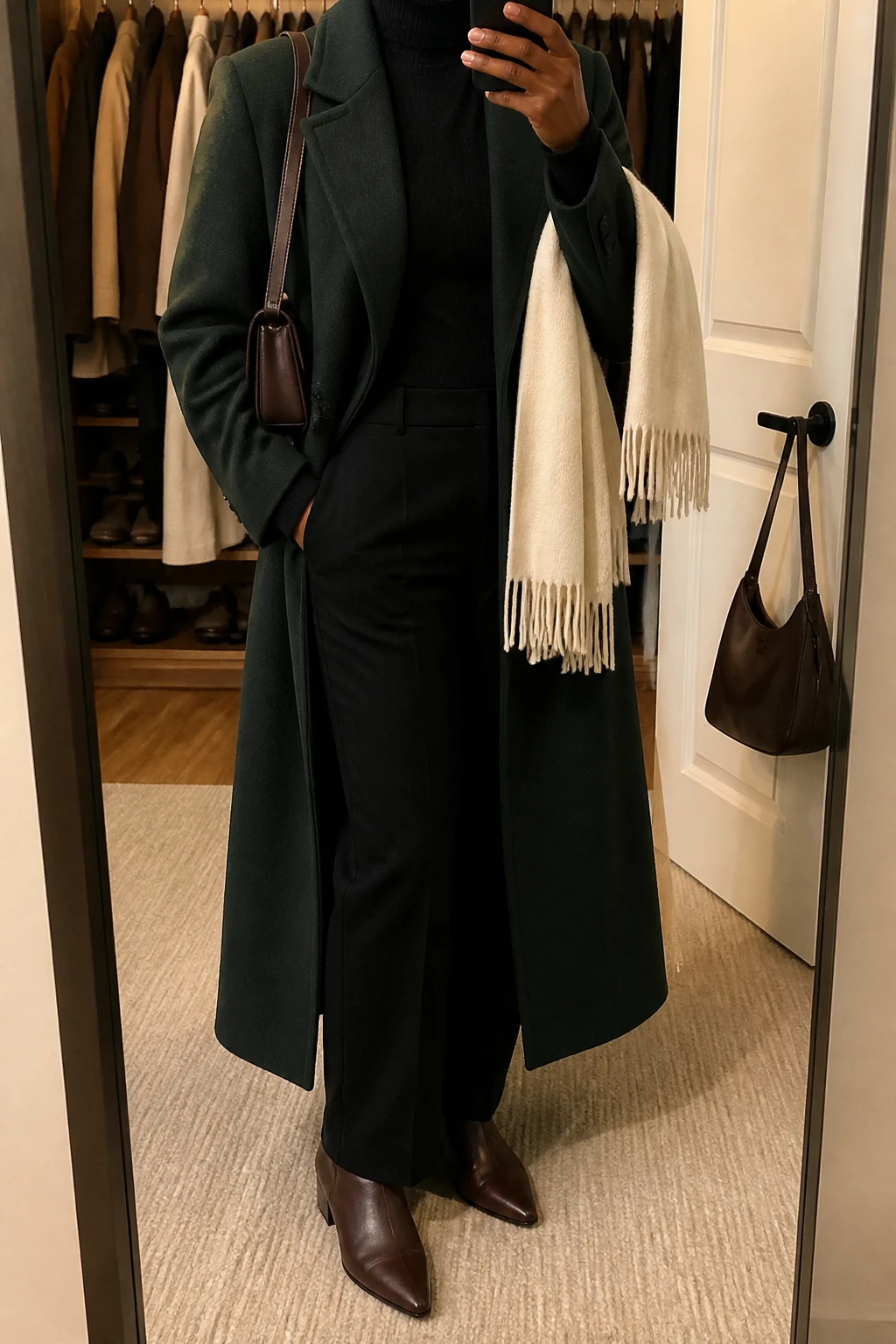 Image Prompt: Mirror selfie of a black woman wearing a long forest green tailored wool coat over a black fitted fine-knit turtleneck sweater, black high-waisted straight-leg wool trousers, dark brown leather pointed-toe ankle boots with low block heels, a structured dark brown leather shoulder bag, and a cream cashmere scarf, holding a phone in front of a mirror, cropped at the NECK so the face does not show, with a relaxed casual selfie pose, in a walk-in closet mirror, warm soft indoor lighting, an open closet with clothes visible and a handbag hanging on a door handle, realistic forest green wool texture, natural black knit fabrics and subtle warm-neutral colors, latest iPhone photo quality, no additional clothing or accessories.