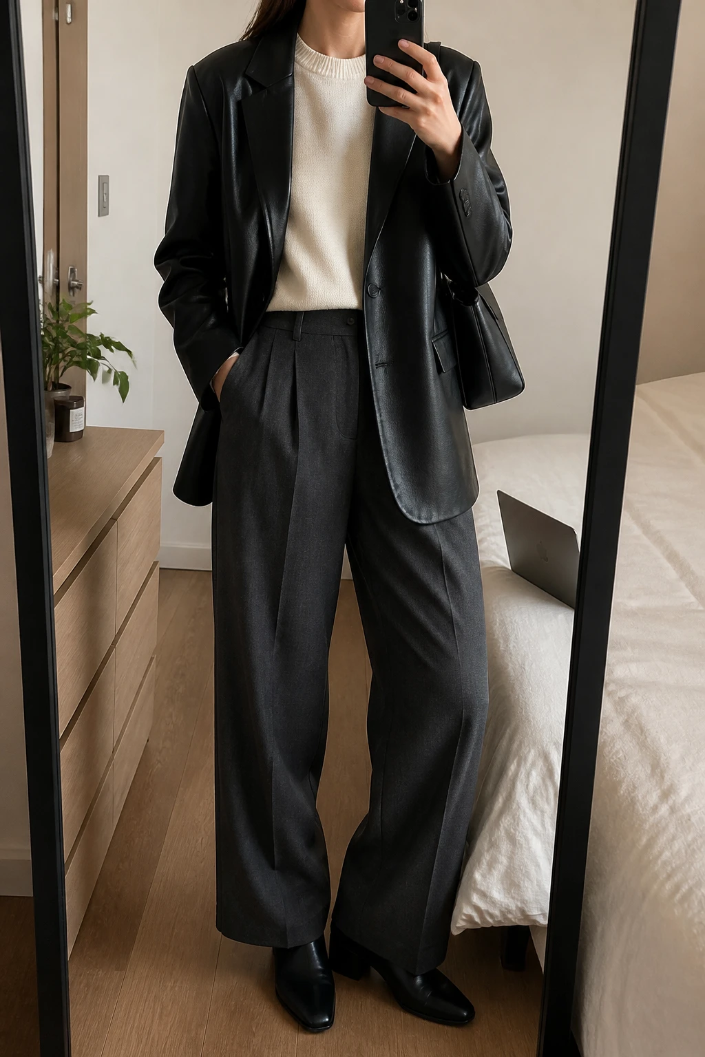 Image Prompt: Mirror selfie of a woman wearing a black oversized faux-leather single-breasted blazer over an ivory fitted fine-knit crewneck sweater, charcoal grey high-waisted wide-leg wool-blend trousers, black leather pointed-toe low block-heel ankle boots, and a structured black leather shoulder bag, holding a phone in front of a mirror, cropped at the NECK so the face does not show, with a relaxed casual selfie pose, in a stylish city apartment, soft indoor lighting, a laptop on the bed and a small plant on a dresser, realistic leather blazer grain, natural tailored trouser folds and casual professional styling, latest iPhone photo quality, no additional clothing or accessories.