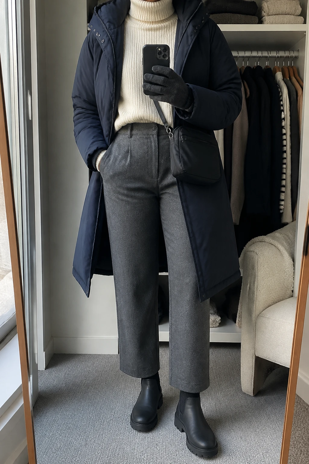 Image Prompt: Mirror selfie of a black woman wearing a long navy insulated hooded winter parka over an ivory thick merino wool turtleneck sweater, charcoal grey high-waisted straight-leg wool-blend trousers with black thermal leggings underneath, black waterproof insulated winter ankle boots with rubber lug soles, a navy ribbed knit beanie, thick charcoal grey wool gloves, and a small black nylon crossbody bag, holding a phone in front of a mirror, cropped at the NECK so the face does not show, with a relaxed casual selfie pose, in a walk-in closet mirror, soft natural window light, an open closet with clothes visible and a folded blanket on a chair, realistic navy parka texture, natural grey wool trouser folds, soft ivory sweater stitches, latest iPhone photo quality, no additional clothing or accessories.