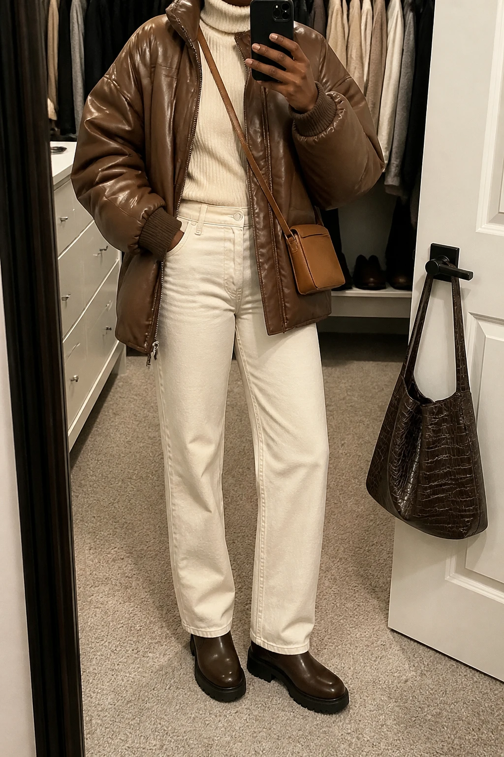 Image Prompt: Mirror selfie of a black woman wearing a chocolate brown oversized padded faux-leather bomber jacket over an oatmeal fitted ribbed turtleneck sweater, winter-white high-waisted straight-leg denim jeans, dark brown leather chunky flat Chelsea boots, and a small caramel leather crossbody bag, holding a phone in front of a mirror, cropped at the NECK so the face does not show, with a relaxed casual selfie pose, in a walk-in closet mirror, soft indoor lighting, an open closet with clothes visible and a handbag hanging on a door handle, realistic brown leather grain, natural cream denim texture and soft knit folds, latest iPhone photo quality, no additional clothing or accessories.