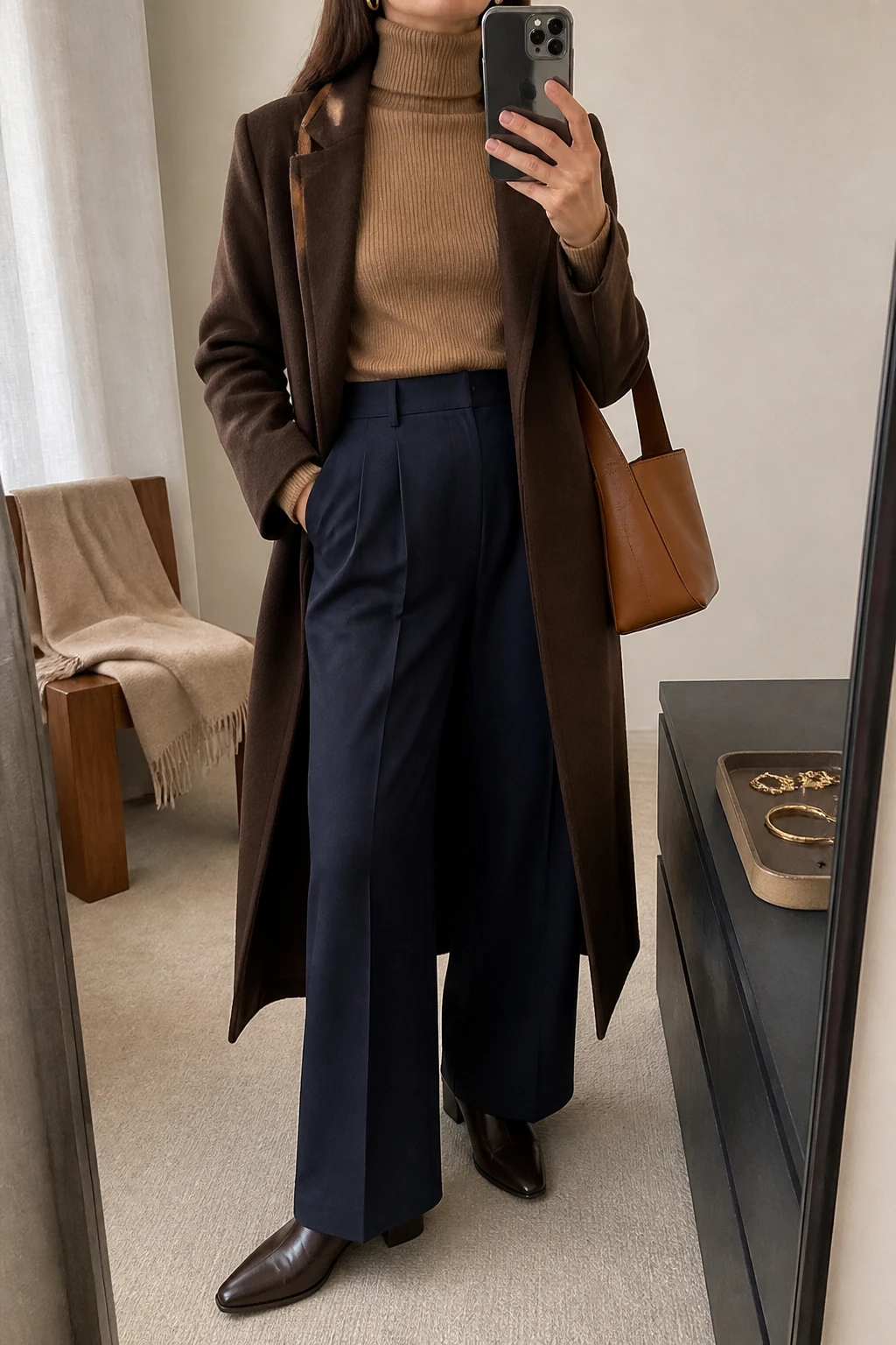 Image Prompt: Mirror selfie of a woman wearing a camel fitted fine-knit cashmere turtleneck sweater tucked into navy high-waisted wide-leg pleated wool trousers, dark brown leather pointed-toe ankle boots with low block heels, a long chocolate brown tailored wool coat worn open, a structured tan leather shoulder bag, and small gold hoop earrings, holding a phone in front of a mirror, cropped at the NECK so the face does not show, with a relaxed casual selfie pose, in a minimal dressing room, soft natural window light, a folded blanket on a chair and a jewelry tray on the vanity, realistic camel cashmere knit, natural navy trouser pleats, warm brown leather finish, latest iPhone photo quality, no additional clothing or accessories.
