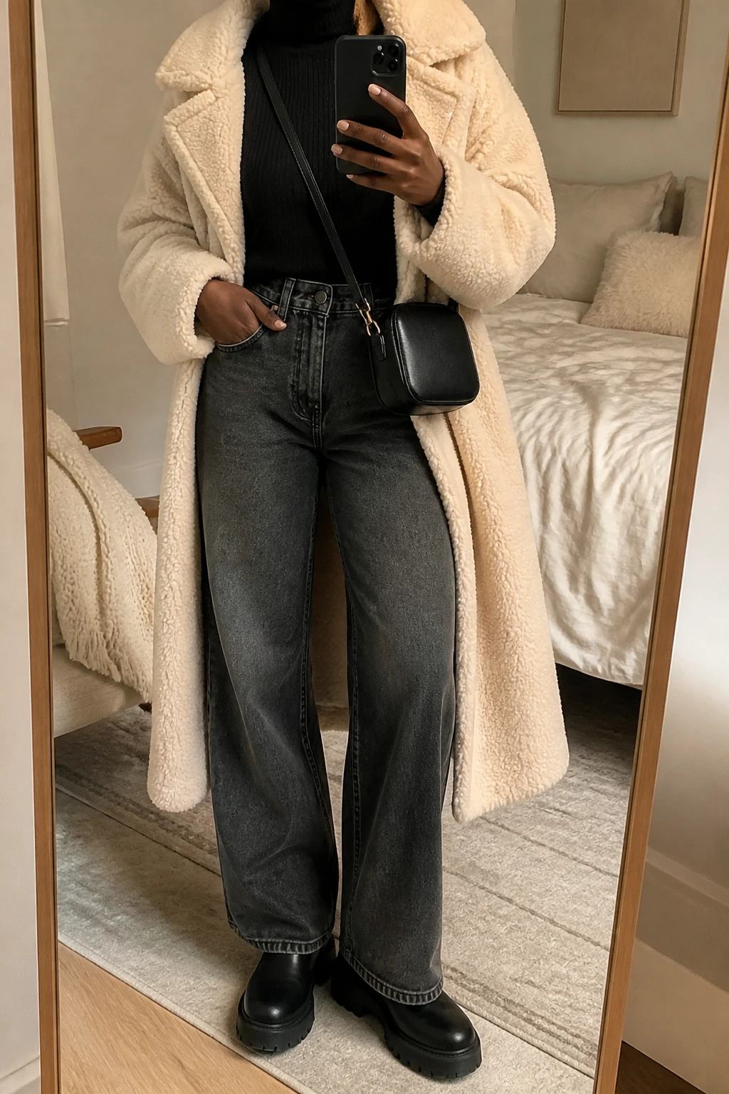Image Prompt: Mirror selfie of a black woman wearing a long cream oversized teddy-fleece coat over a black fitted fine-knit turtleneck sweater, charcoal grey high-waisted wide-leg denim jeans, black leather chunky platform ankle boots with flat rubber soles, and a small structured black leather crossbody bag, holding a phone in front of a mirror, cropped at the NECK so the face does not show, with a relaxed casual selfie pose, in a cozy bedroom mirror setup, warm soft indoor lighting, soft pillows on an unmade bed and a folded blanket on a chair, realistic teddy-fleece texture, natural charcoal denim folds and soft winter lighting, latest iPhone photo quality, no additional clothing or accessories.