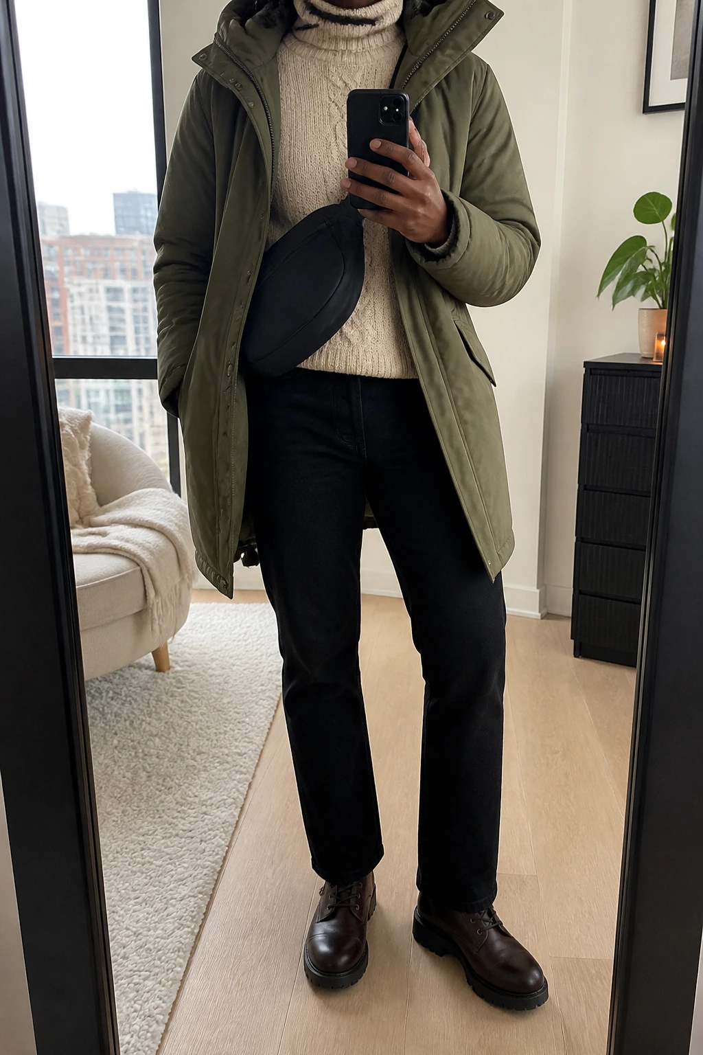Image Prompt: Mirror selfie of a black woman wearing an olive green insulated hooded winter parka over an oatmeal cable-knit turtleneck sweater, black straight-leg denim jeans, dark brown waterproof leather lace-up boots with lug soles, a black nylon crossbody bag, and a cream ribbed wool beanie, holding a phone in front of a mirror, cropped at the NECK so the face does not show, with a relaxed casual selfie pose, in a stylish city apartment, soft natural window light, a folded blanket on a chair and a small plant on a dresser, slightly imperfect real-life styling, realistic parka and sweater textures, latest iPhone photo quality, no additional clothing or accessories.