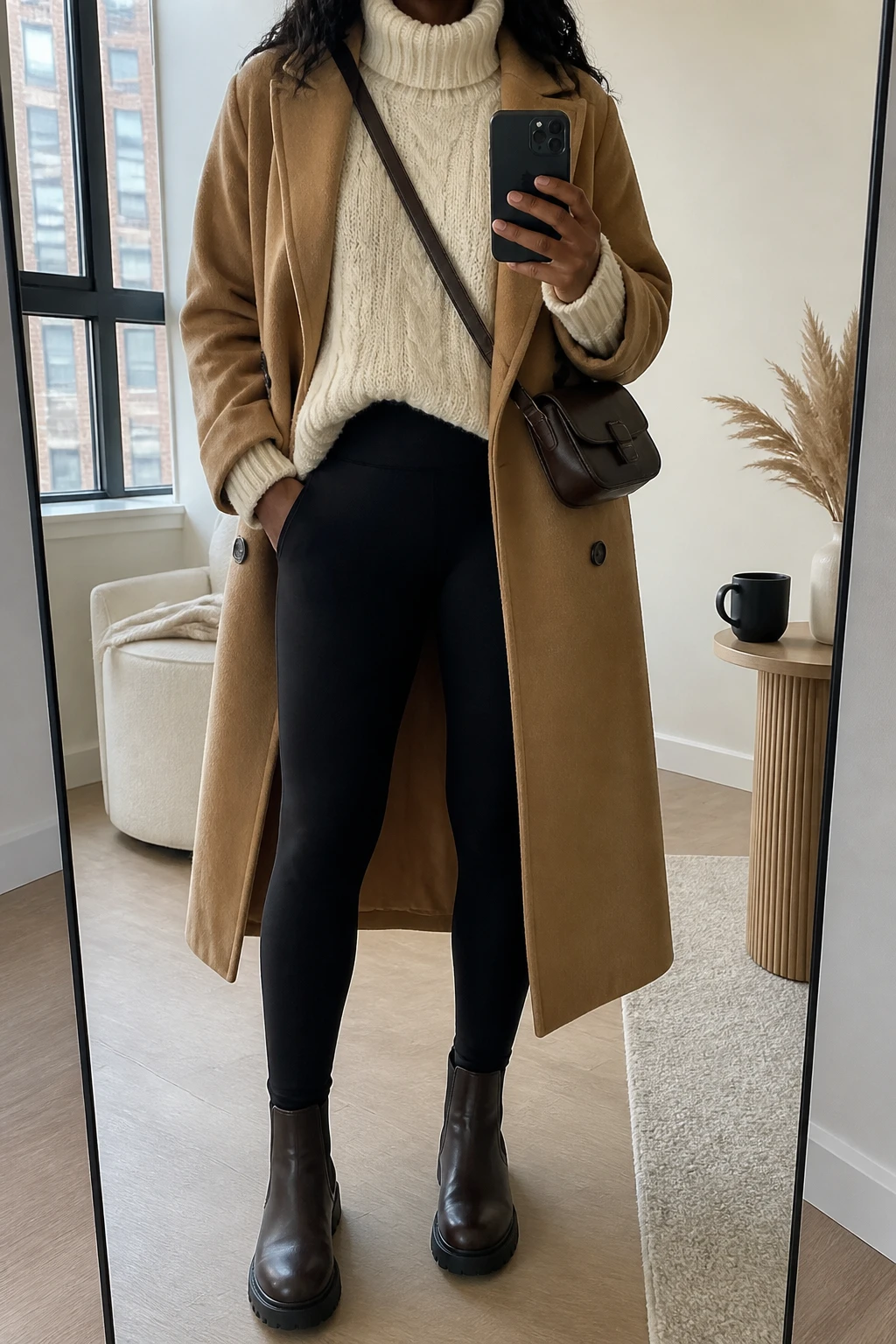 Image Prompt: Mirror selfie of a black woman wearing a long camel double-breasted wool coat left open over an oversized cream chunky cable-knit turtleneck sweater, black high-waisted fleece-lined leggings, chocolate brown leather chunky Chelsea boots with flat rubber soles, and a medium dark brown leather crossbody bag, holding a phone in front of a full-length mirror, cropped at the NECK so the face does not show, with a relaxed casual selfie pose, in a stylish city apartment, soft natural window light, a coffee mug on a side table and a folded blanket on a chair, realistic chunky knit texture, natural camel wool folds, soft true-to-life colors, latest iPhone photo quality, no additional clothing or accessories.