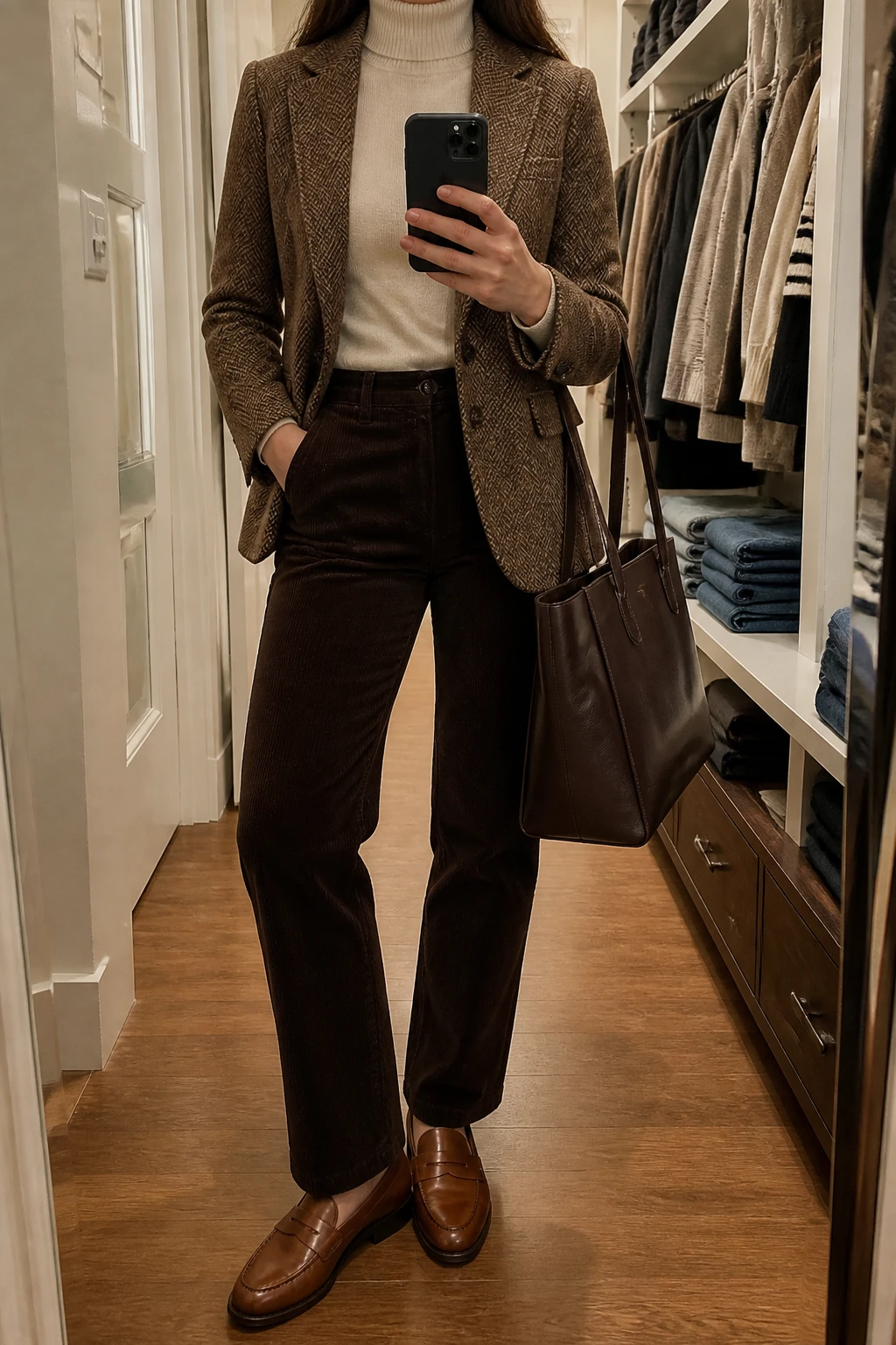 Image Prompt: Mirror selfie of a woman wearing a camel and chocolate herringbone tailored wool blazer over an ivory fitted cashmere turtleneck sweater, dark chocolate brown high-waisted straight-leg corduroy trousers, cognac leather penny loafers with low stacked heels, a structured dark brown leather tote bag, and small gold stud earrings, holding a phone in front of a mirror, cropped at the NECK so the face does not show, with a relaxed casual selfie pose, in a walk-in closet mirror, warm soft indoor lighting, an open closet with clothes visible and folded denim jeans on a bench, realistic herringbone fabric, natural corduroy ridges and fine cashmere texture, latest iPhone photo quality, no additional clothing or accessories.