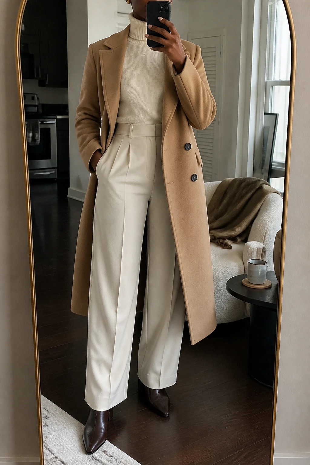 Image Prompt: Mirror selfie of a black woman wearing a long camel double-breasted tailored wool coat left open over an ivory fitted cashmere turtleneck sweater, cream high-waisted wide-leg tailored wool trousers with pressed creases, chocolate brown leather pointed-toe ankle boots with low block heels, a structured dark brown leather top-handle handbag, and small gold stud earrings, holding a phone in front of a full-length mirror, cropped at the NECK so the face does not show, with a relaxed casual selfie pose, in a stylish city apartment, soft natural window light, a coffee mug on a side table and a folded blanket on a chair, realistic camel wool texture, natural cream trouser folds, soft ivory cashmere stitches, believable fabric proportions, latest iPhone photo quality, no additional clothing or accessories.