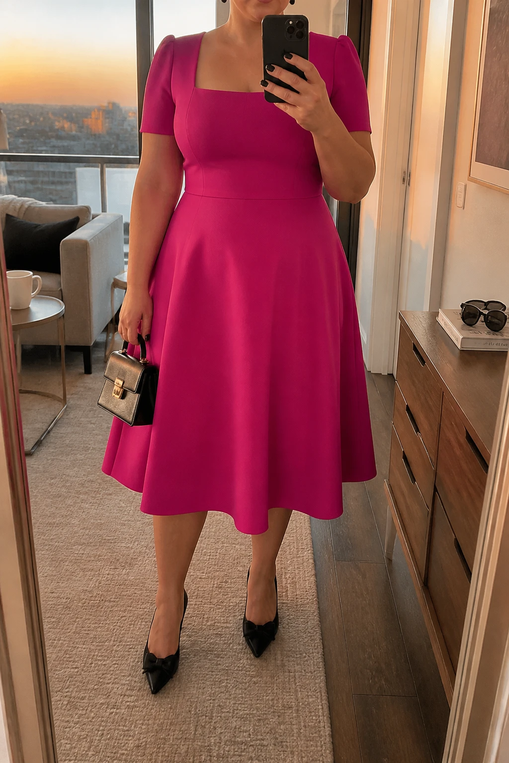 Mirror selfie of a plus size woman wearing a magenta A-line midi dress with a square neckline, short structured sleeves, and a fitted waist, black pointed pumps with small satin bows, a structured black mini bag, and black crystal stud earrings, clearly showing the exact dress shape, magenta color, footwear, bows, and accessories listed, holding a phone in front of a mirror, cropped at the neck so the face does not show, relaxed cheerful selfie pose, in a stylish city apartment with evening golden-hour lighting, a coffee mug on a side table and sunglasses placed on a dresser, realistic graduation celebration outfit, latest iPhone photo quality.