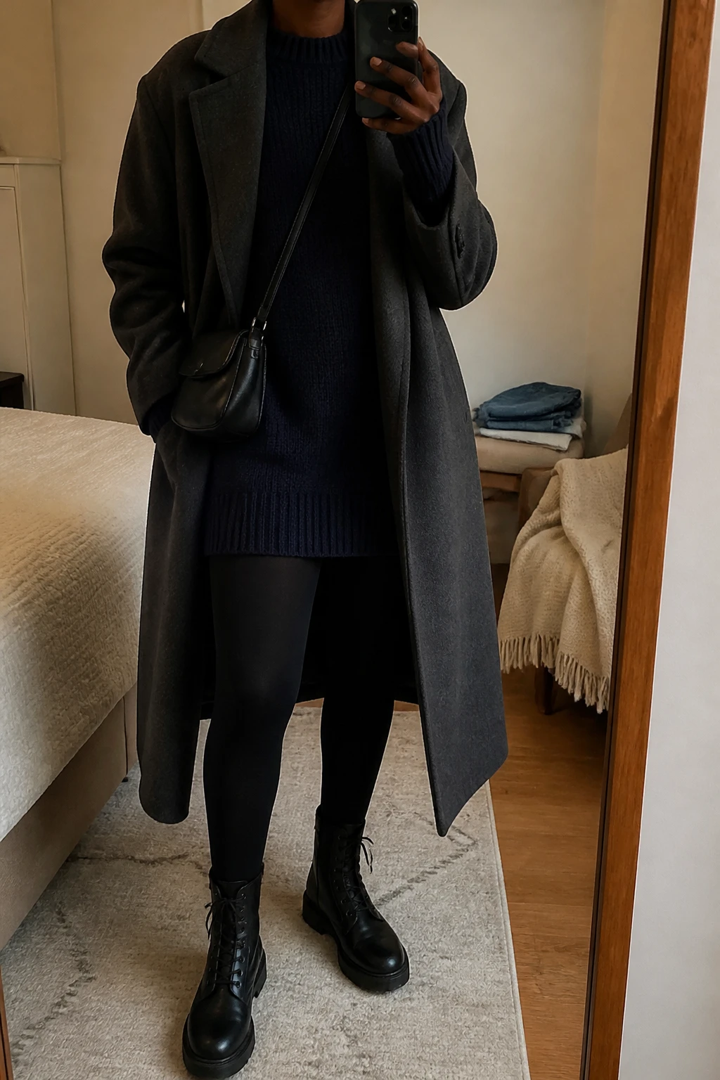Image Prompt: Mirror selfie of a black woman wearing a navy long-sleeve chunky-knit sweater mini dress with a relaxed straight fit, black opaque thermal tights, black leather chunky lace-up combat boots with flat rubber soles, an oversized charcoal grey wool coat worn open, and a small black nylon crossbody bag, holding a phone in front of a mirror, cropped at the NECK so the face does not show, with a relaxed casual selfie pose, in a cozy bedroom mirror setup, warm soft indoor lighting, a folded blanket on a chair and folded denim jeans on a bench, natural chunky knit texture, believable wool coat drape and realistic everyday styling, latest iPhone photo quality, no additional clothing or accessories.