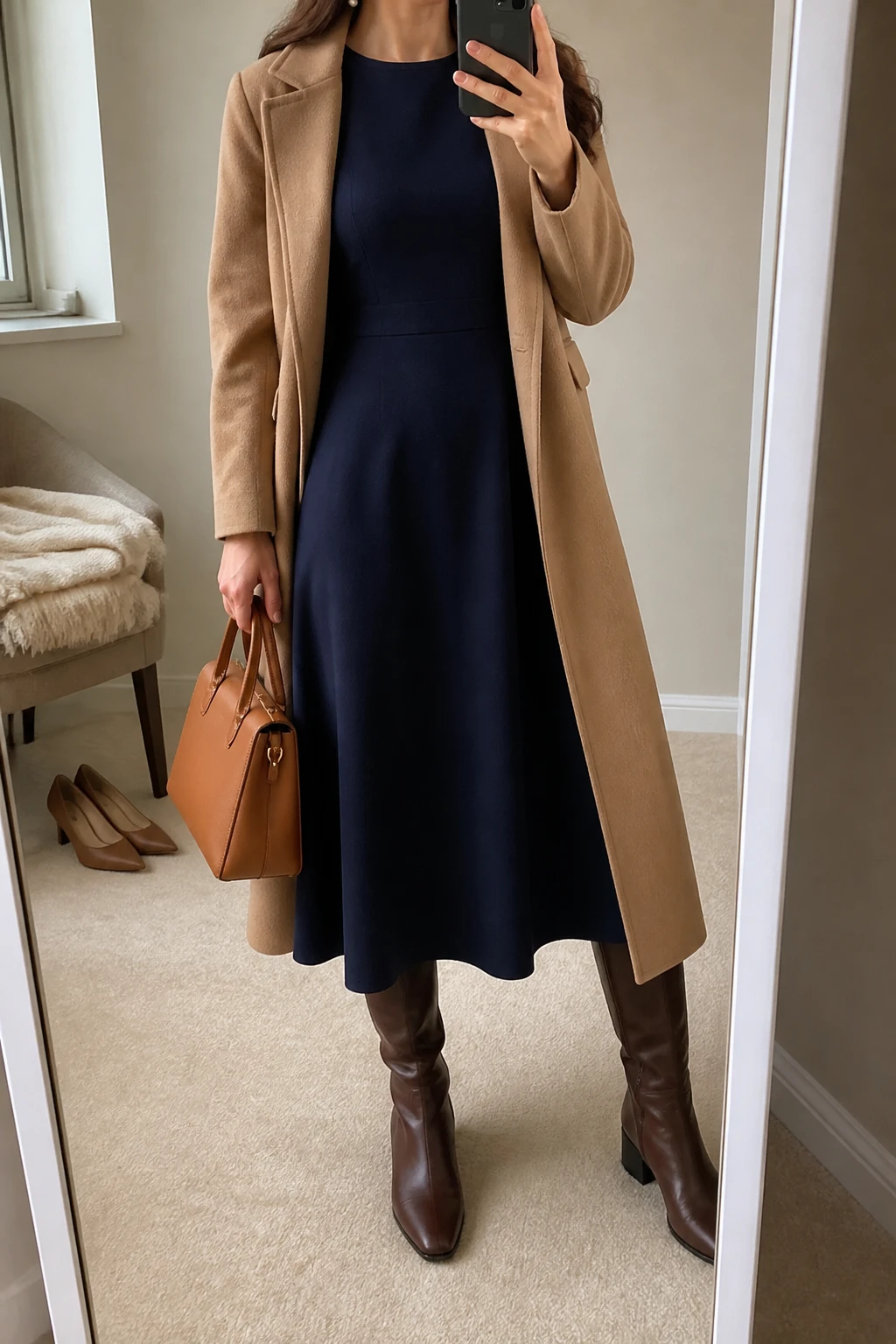 Image Prompt: Mirror selfie of a woman wearing a navy long-sleeve wool-blend A-line midi dress with a modest round neckline and gently defined waist, a long camel belted wool wrap coat worn open, chocolate brown leather knee-high low-heeled boots, a structured caramel leather handbag, and small pearl stud earrings, holding a phone in front of a mirror, cropped at the NECK so the face does not show, with a relaxed casual selfie pose, in a minimal dressing room, soft natural window light, a folded blanket on a chair and a pair of heels on the floor nearby, realistic navy wool fabric, natural coat folds and elegant everyday styling, latest iPhone photo quality, no additional clothing or accessories.
