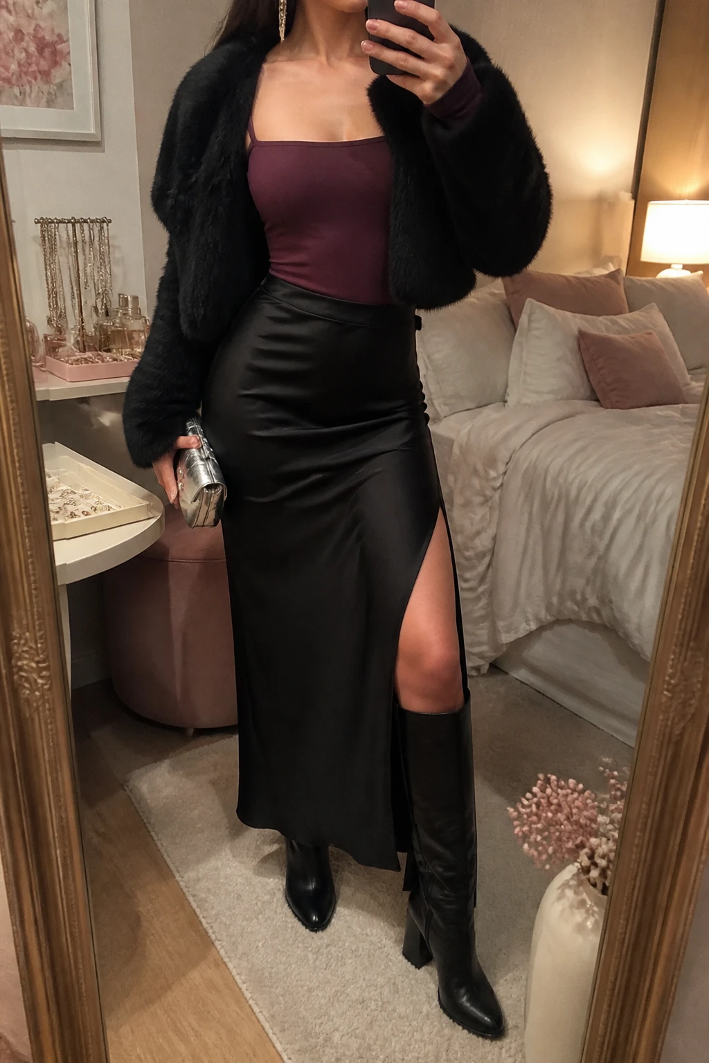 Image Prompt: Mirror selfie of a woman wearing a deep plum long-sleeve fitted stretch-jersey bodysuit with a square neckline tucked into a black satin bias-cut maxi skirt with a thigh-high side slit, black leather knee-high block-heel boots, a cropped black faux-fur jacket worn open, a small silver metallic clutch, and delicate silver crystal earrings, holding a phone in front of a mirror, cropped at the NECK so the face does not show, with a relaxed casual selfie pose, in a feminine-themed bedroom, warm moody lighting, a jewelry tray on the vanity and soft pillows on an unmade bed, realistic black satin folds, natural plum stretch fabric and soft faux-fur texture, latest iPhone photo quality, no additional clothing or accessories.