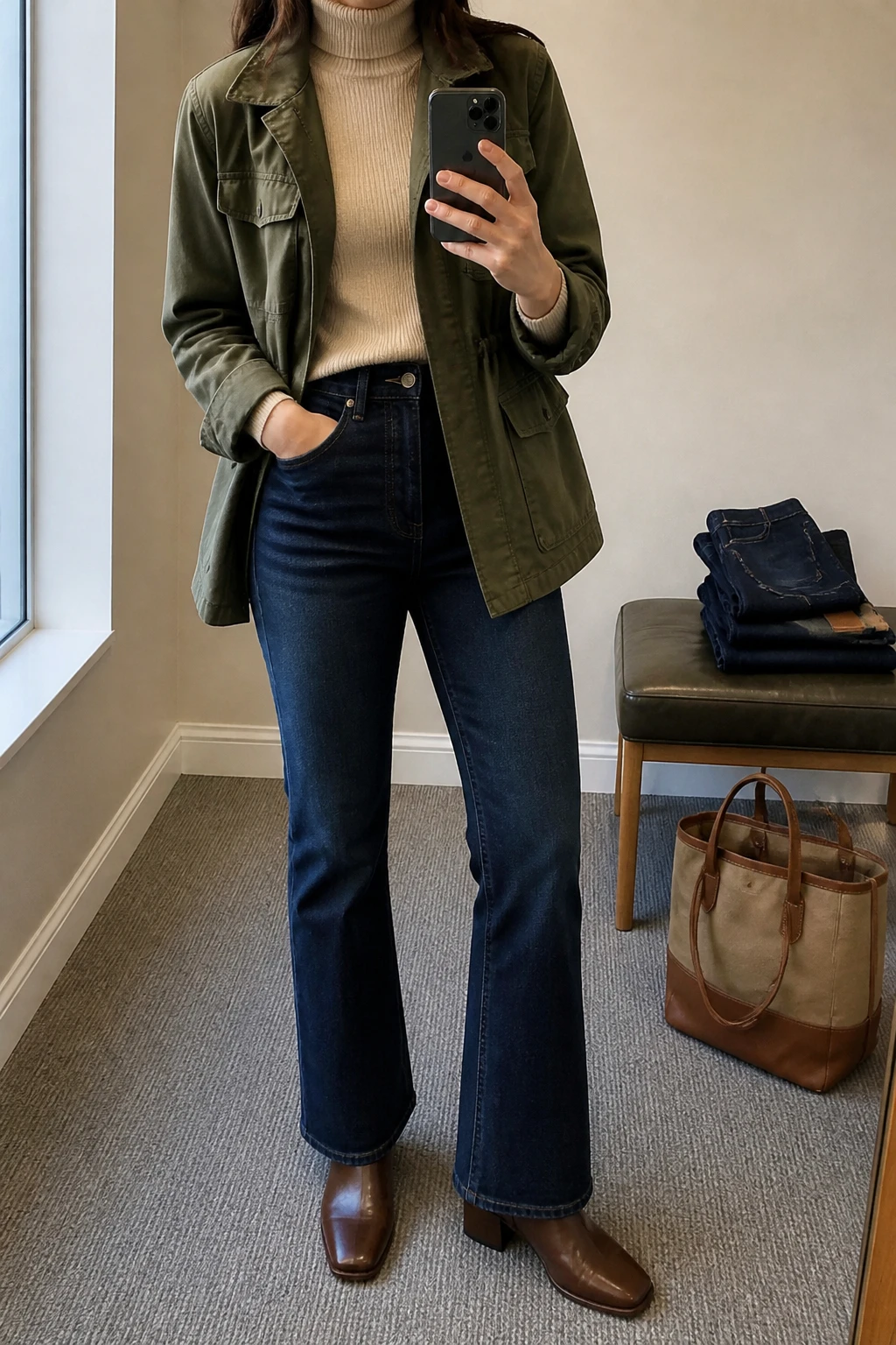Image Prompt: Mirror selfie of a woman wearing an olive green cotton utility jacket with a drawstring waist over an oatmeal medium-weight ribbed turtleneck sweater, dark indigo high-waisted bootcut denim jeans, chocolate brown leather square-toe ankle boots with low block heels, and a medium tan canvas-and-leather tote bag, holding a phone in front of a mirror, cropped at the NECK so the face does not show, with a relaxed casual selfie pose, in a minimal dressing room, natural window light, folded denim jeans on a bench and a tote bag resting on the floor, believable olive cotton fabric, natural bootcut denim creases and everyday casual styling, latest iPhone photo quality, no additional clothing or accessories.