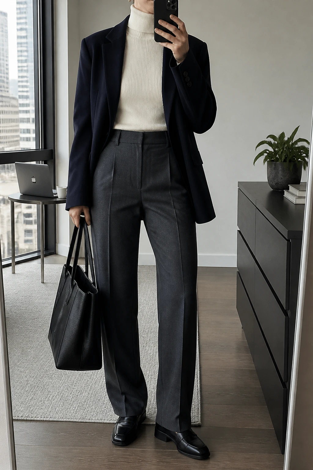 Image Prompt: Mirror selfie of a woman wearing a charcoal grey high-waisted straight-leg tailored wool trouser suit bottom with pressed creases, a cream fitted cashmere turtleneck sweater, a navy oversized single-breasted wool blazer, black polished leather chunky loafers with low block heels, a structured black leather tote bag, and small pearl stud earrings, holding a phone in front of a mirror, cropped at the NECK so the face does not show, with a relaxed casual selfie pose, in a stylish city apartment, soft natural window light, a laptop on a side table and a small plant on a dresser, realistic grey wool trouser creases, natural navy blazer fabric, polished black leather texture, latest iPhone photo quality, no additional clothing or accessories.