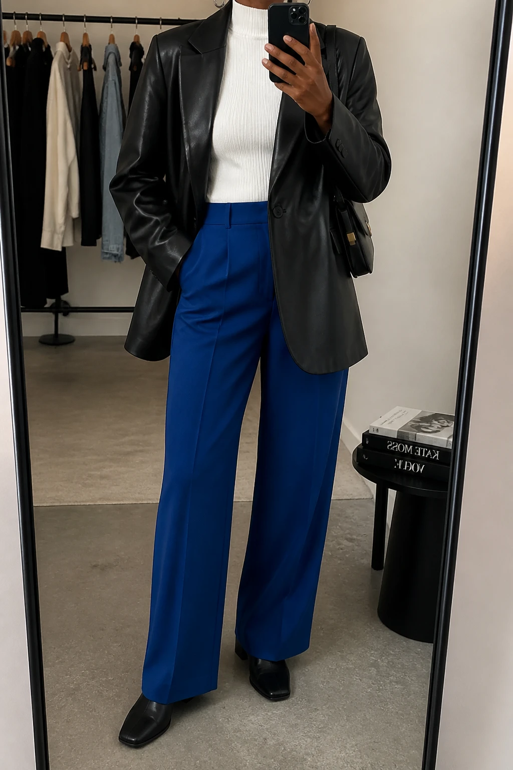 Image Prompt: Mirror selfie of a black woman wearing an oversized black faux-leather tailored single-breasted blazer over an icy white fitted ribbed mock-neck sweater, royal blue high-waisted wide-leg tailored trousers with pressed front creases, black leather square-toe ankle boots with low block heels, a small black structured shoulder bag, and delicate silver hoop earrings, holding a phone in front of a mirror, cropped at the NECK so the face does not show, with a relaxed casual selfie pose, in a fashion studio mirror corner, soft indoor lighting, a clothing rack with garments behind and a stack of fashion magazines on a side table, realistic black leather grain, natural royal blue fabric folds, accurate vivid blue without artificial saturation, latest iPhone photo quality, no additional clothing or accessories.