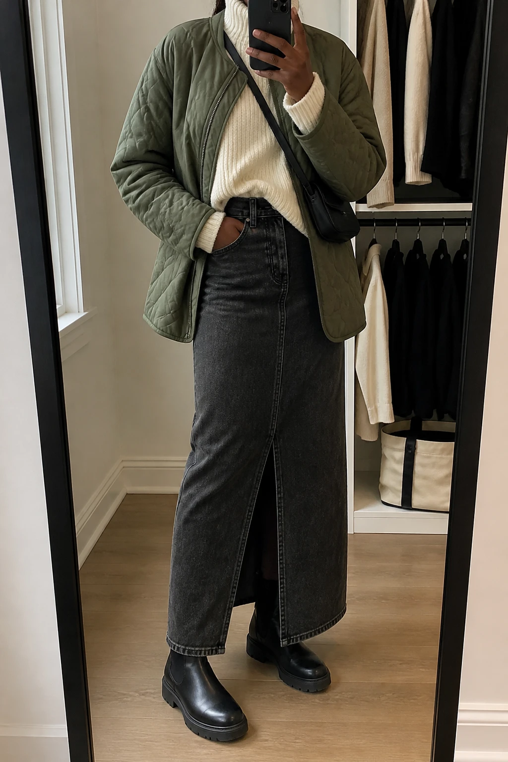 Image Prompt: Mirror selfie of a black woman wearing a cream oversized chunky mock-neck sweater with a slight front tuck into a washed black high-waisted denim maxi skirt with a modest front slit, black leather chunky flat Chelsea boots, an olive green insulated quilted hip-length jacket worn open, and a small black nylon crossbody bag, holding a phone in front of a mirror, cropped at the NECK so the face does not show, with a relaxed casual selfie pose, in a walk-in closet mirror, soft natural window light, an open closet with clothes visible and a tote bag resting on the floor, realistic cream chunky knit texture, natural washed black denim creases and practical winter styling, latest iPhone photo quality, no additional clothing or accessories.