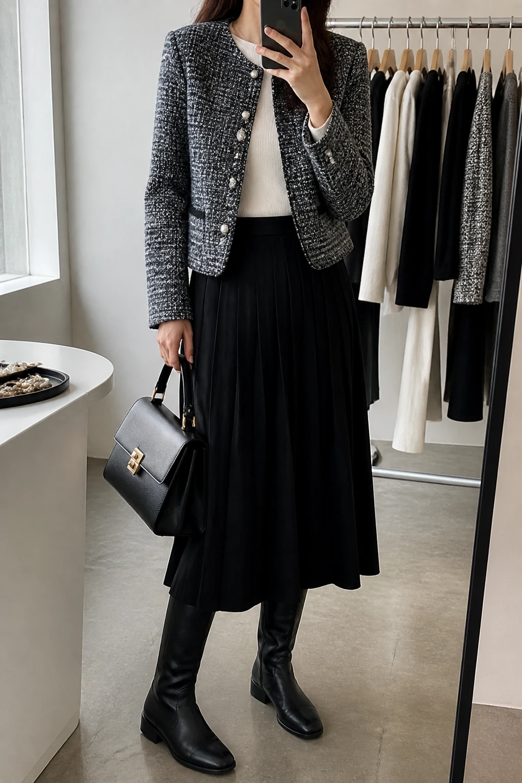 Image Prompt: Mirror selfie of a woman wearing a grey and black tweed collarless jacket with pearl-style buttons over an ivory fitted fine-knit crewneck top, a black wool-blend pleated midi skirt, black leather knee-high boots with low block heels, and a structured black leather top-handle handbag, holding a phone in front of a mirror, cropped at the NECK so the face does not show, with a relaxed casual selfie pose, in a fashion studio mirror corner, soft natural window light, a clothing rack with garments behind and a jewelry tray on the vanity, realistic tweed fabric, soft black skirt pleats and natural ivory knit texture, latest iPhone photo quality, no additional clothing or accessories.