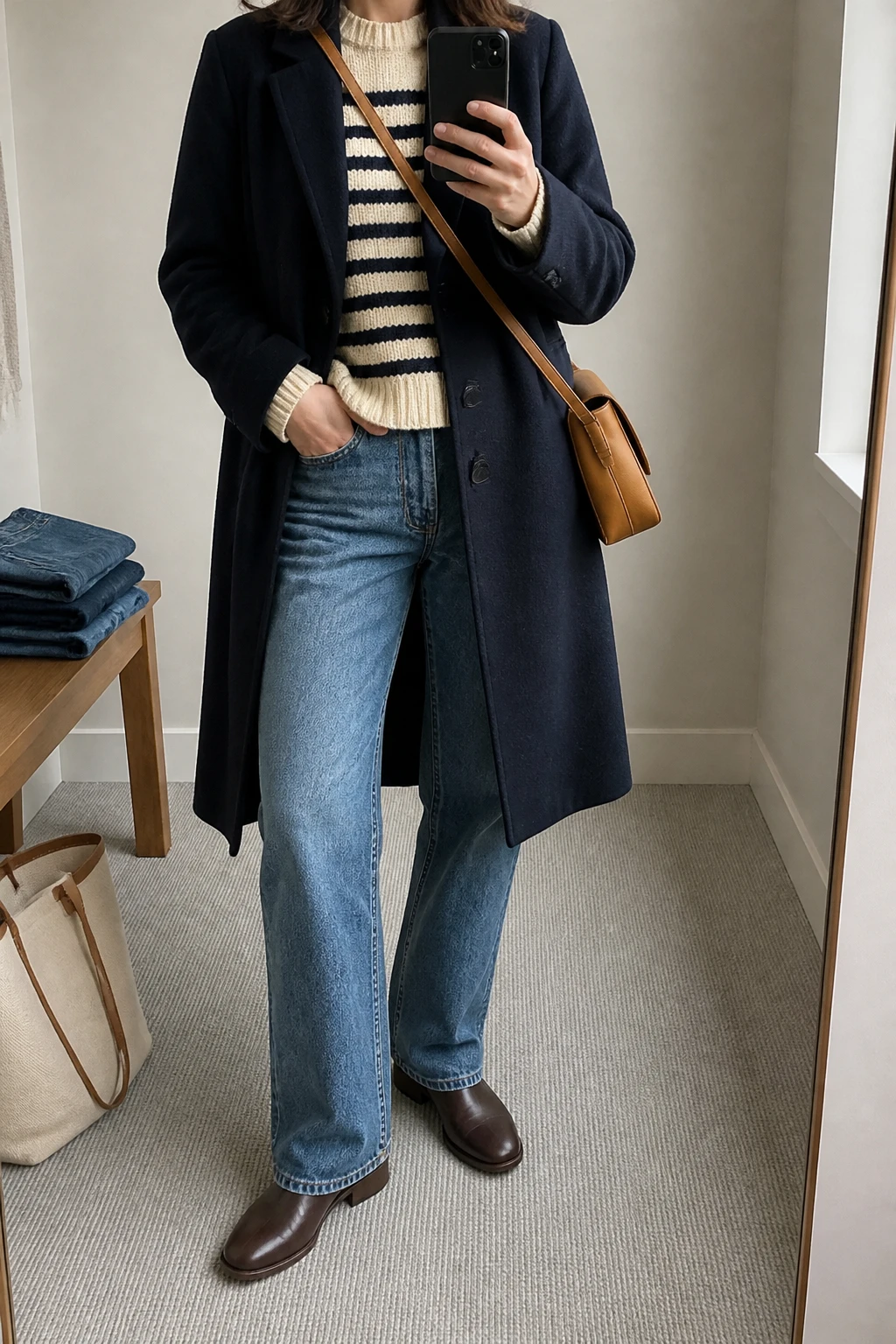 Image Prompt: Mirror selfie of a woman wearing a long navy single-breasted wool coat left open over a cream and navy striped chunky-knit sweater, medium-wash relaxed straight-leg blue jeans, dark brown leather flat Chelsea boots, and a tan leather medium crossbody bag, holding a phone in front of a mirror, cropped at the NECK so the face does not show, with a relaxed casual selfie pose, in a minimal dressing room, soft natural window light, folded denim jeans on a bench and a tote bag resting on the floor, natural blue denim texture and wool coat folds, latest iPhone photo quality, no additional clothing or accessories.