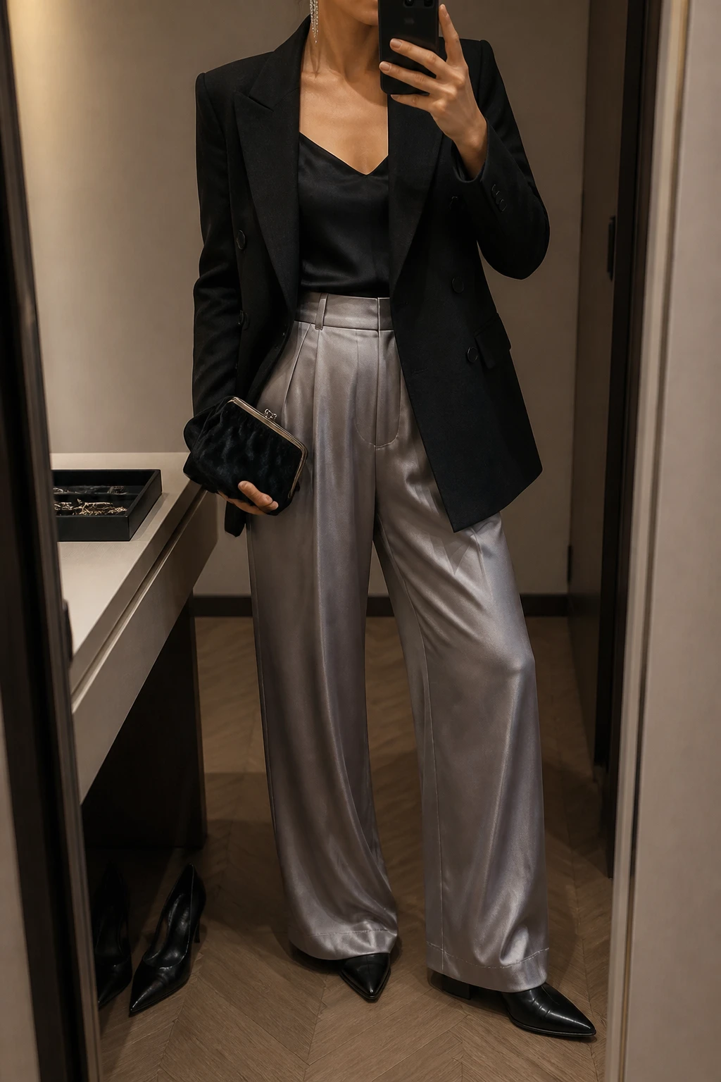 Image Prompt: Mirror selfie of a woman wearing a black fitted double-breasted wool blazer over a black silk camisole, silver grey high-waisted wide-leg satin trousers, black leather pointed-toe low block heels, a small black velvet clutch, and delicate silver crystal drop earrings, holding a phone in front of a mirror, cropped at the NECK so the face does not show, with a relaxed casual selfie pose, in a minimal dressing room, warm moody lighting, a jewelry tray on the vanity and a pair of heels on the floor, realistic silver satin trouser folds, natural black wool tailoring, subtle metallic reflections without excessive shine, latest iPhone photo quality, no additional clothing or accessories.
