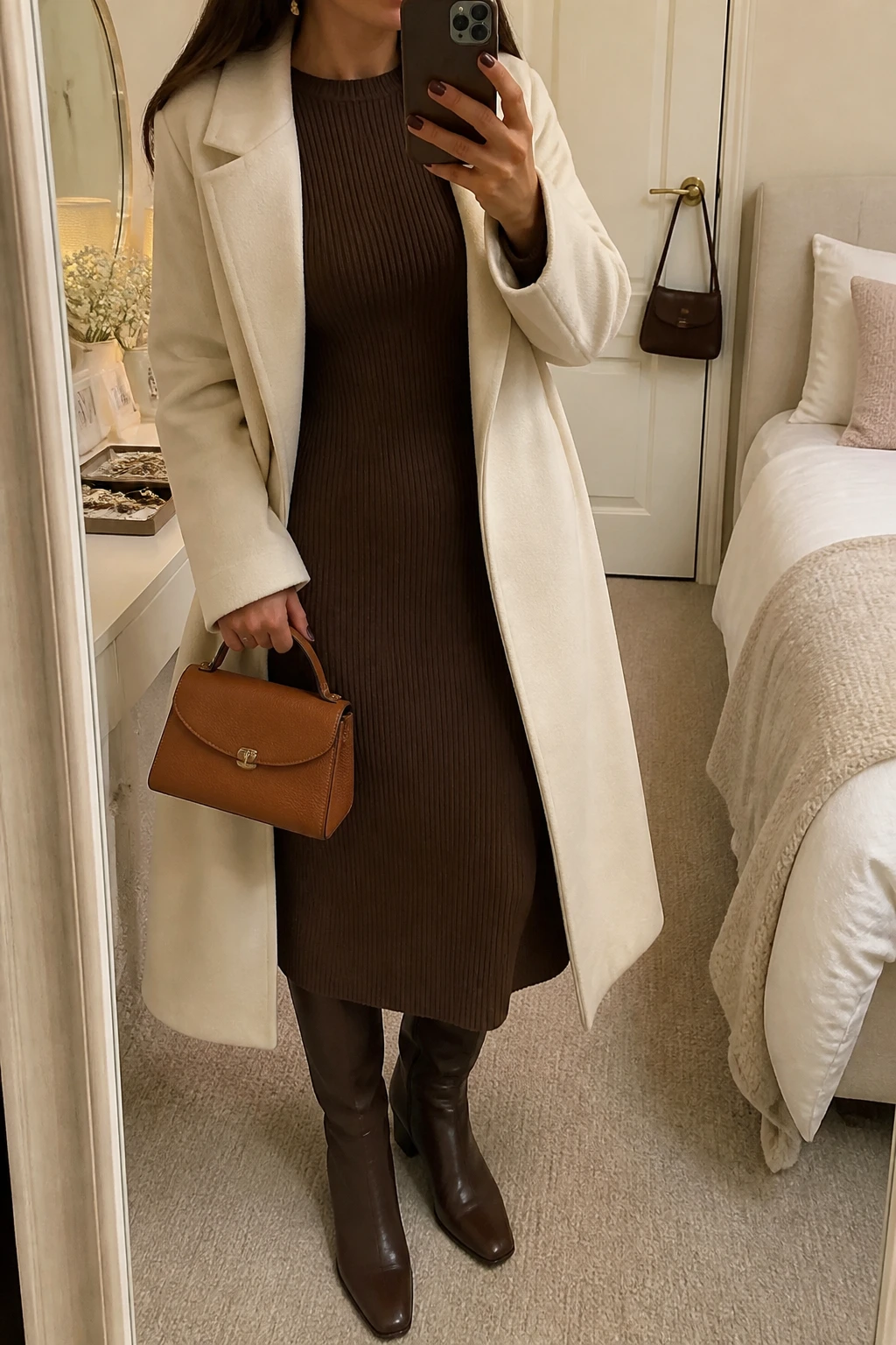 Image Prompt: Mirror selfie of a woman wearing a chocolate brown long-sleeve ribbed knit midi dress with a fitted waist, a long cream tailored wool coat worn open, dark brown leather knee-high low-heeled boots, a small caramel leather top-handle bag, and delicate gold stud earrings, holding a phone in front of a mirror, cropped at the NECK so the face does not show, with a relaxed casual selfie pose, in a feminine-themed bedroom, warm soft indoor lighting, a jewelry tray on the vanity and a handbag hanging on a door handle, true-to-life chocolate brown and cream tones, realistic knit texture, latest iPhone photo quality, no additional clothing or accessories.