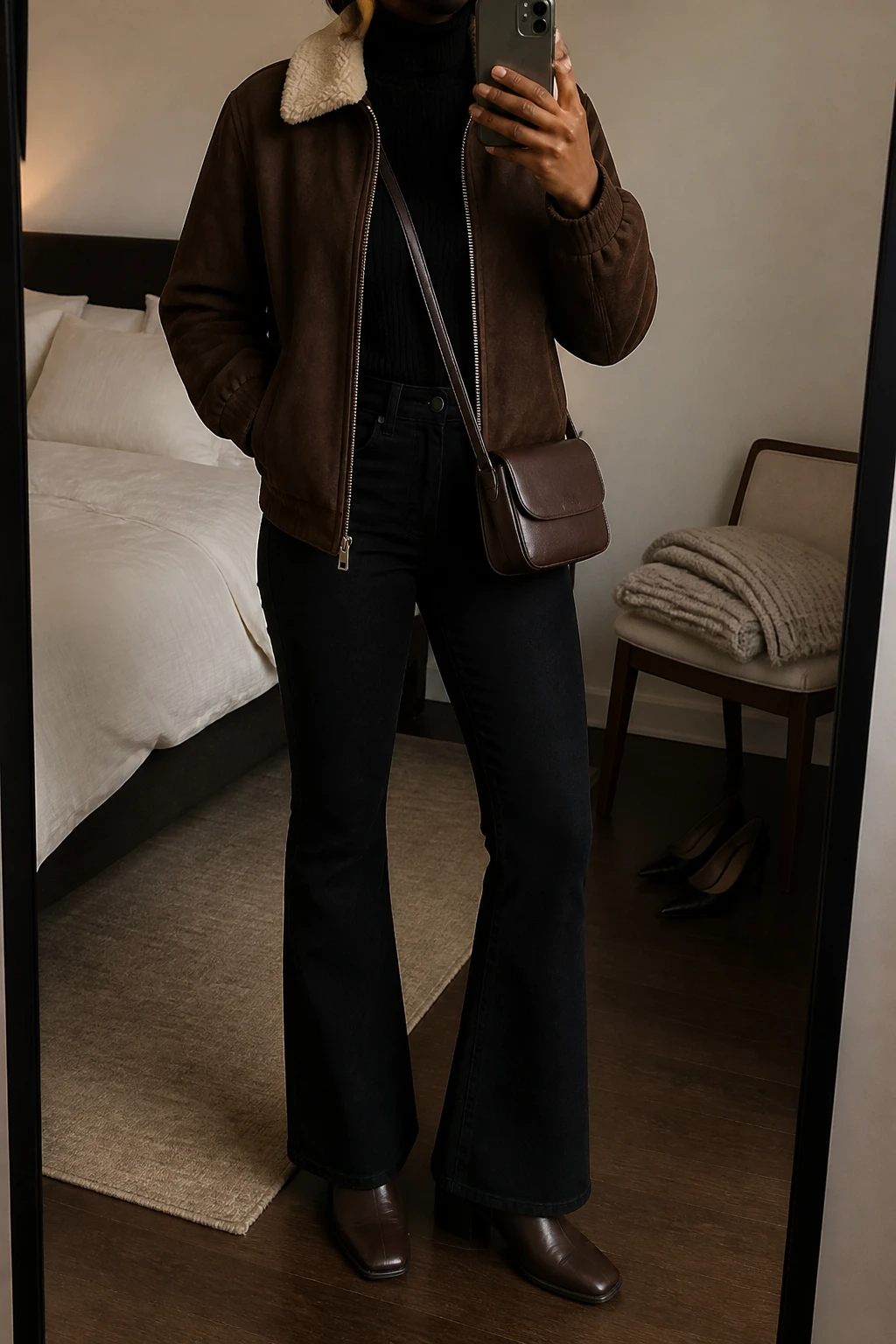 Image Prompt: Mirror selfie of a black woman wearing a chocolate brown faux-suede jacket with a cream shearling collar over a black fitted ribbed turtleneck sweater, black high-waisted flared denim jeans, dark brown leather square-toe heeled ankle boots with low block heels, and a small chocolate brown leather crossbody bag, holding a phone in front of a mirror, cropped at the NECK so the face does not show, with a relaxed casual selfie pose, in a cozy bedroom mirror setup, warm moody indoor lighting, a folded blanket on a chair and a pair of heels on the floor nearby, realistic suede texture, soft shearling details, natural denim folds, latest iPhone photo quality, no additional clothing or accessories.