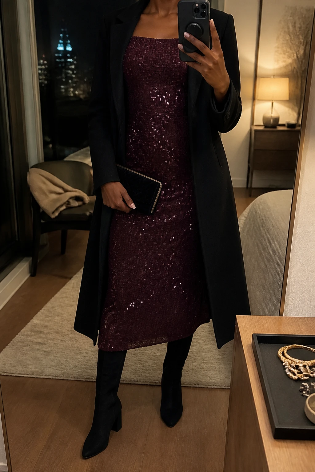 Image Prompt: Mirror selfie of a black woman wearing a deep plum long-sleeve sequin midi dress with a modest square neckline, softly fitted waist, and straight skirt with a small back slit, black suede knee-high boots with block heels, a long black tailored wool coat worn open, a small black velvet clutch, and delicate silver crystal stud earrings, holding a phone in front of a full-length mirror, cropped at the NECK so the face does not show, with a relaxed casual selfie pose, in a stylish city apartment, warm moody lighting, a jewelry tray on the vanity and a folded blanket on a chair, realistic plum sequins with soft natural sparkle, black suede texture, believable evening shadows, latest iPhone photo quality, no additional clothing or accessories.