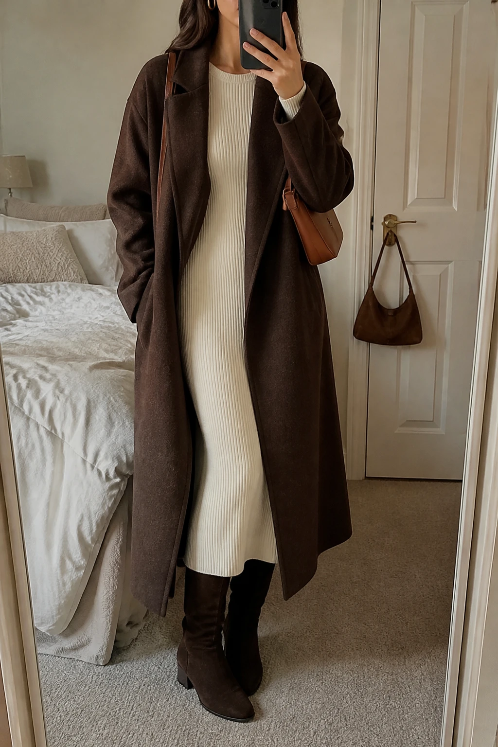 Image Prompt: Mirror selfie of a woman wearing a long chocolate brown wool wrap coat left open over a cream long-sleeve ribbed knit midi dress with a softly fitted waist, dark brown suede knee-high low block-heel boots, a small caramel leather shoulder bag, and delicate gold hoop earrings, holding a phone in front of a mirror, cropped at the NECK so the face does not show, with a relaxed casual selfie pose, in a cozy bedroom mirror setup, warm soft indoor lighting, soft pillows on an unmade bed and a handbag hanging on a door handle, natural chocolate wool texture and realistic ribbed knit folds, latest iPhone photo quality, no additional clothing or accessories.