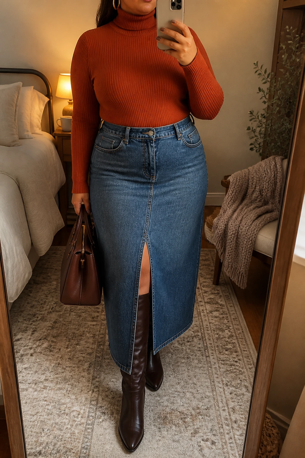 Mirror selfie of a plus size woman wearing a vintage blue high-waisted denim maxi skirt with a front slit, a fitted rust orange ribbed turtleneck, dark brown leather knee-high boots, a chocolate brown structured handbag, and hammered gold hoop earrings, clearly showing the exact clothing items, vintage denim, rust knit, front slit, footwear, and accessories listed, holding a phone in front of a mirror, cropped at the neck so her face does not appear, relaxed warm selfie pose, in a cozy bedroom mirror setup with warm moody lighting, a folded blanket on a chair and a coffee mug on a bedside table, realistic autumn outfit, latest iPhone photo quality.