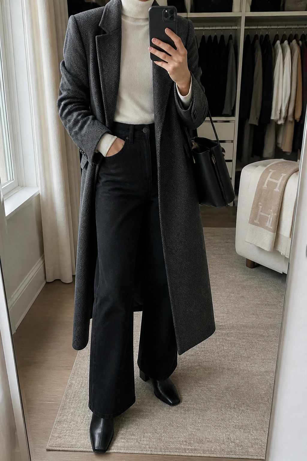 Image Prompt: Mirror selfie of a woman wearing a long charcoal grey herringbone tailored wool coat over an icy white fitted cashmere turtleneck sweater, solid black high-waisted wide-leg denim jeans, black polished leather square-toe ankle boots with low block heels, a structured black leather shoulder bag, and small silver stud earrings, holding a phone in front of a mirror, cropped at the NECK so the face does not show, with a relaxed casual selfie pose, in a walk-in closet mirror, soft natural window light, an open closet with clothes visible and a folded blanket on a chair, realistic grey herringbone wool texture, natural black denim folds and soft white cashmere fabric, latest iPhone photo quality, no additional clothing or accessories.