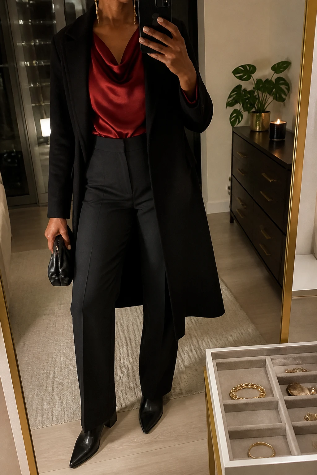 Image Prompt: Mirror selfie of a black woman wearing a deep red long-sleeve satin blouse with a softly draped neckline tucked into black high-waisted straight-leg tailored trousers, black leather pointed-toe block heels, a long black wool coat worn open, a small black satin clutch, and delicate gold drop earrings, holding a phone in front of a mirror, cropped at the NECK so the face does not show, with a relaxed casual selfie pose, in a stylish city apartment, warm moody indoor lighting, a jewelry tray on the vanity and a small plant on a dresser, realistic red satin texture, natural trouser folds and elegant evening styling, latest iPhone photo quality, no additional clothing or accessories.