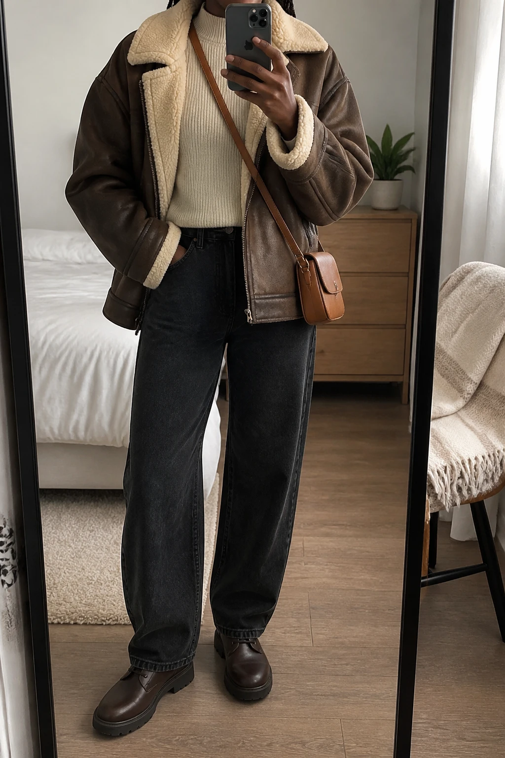 Image Prompt: Mirror selfie of a black woman wearing an oversized chocolate brown faux-suede shearling-lined jacket with a cream fleece collar over an oatmeal fitted ribbed mock-neck sweater, washed black baggy straight-leg denim jeans, dark brown leather chunky lace-up ankle boots with flat rubber soles, and a small caramel leather crossbody bag, holding a phone in front of a mirror, cropped at the NECK so the face does not show, with a relaxed casual selfie pose, in a cozy bedroom mirror setup, soft natural window light, a folded blanket on a chair and a small plant on a dresser, realistic chocolate faux-suede texture, natural cream shearling details and relaxed black denim creases, latest iPhone photo quality, no additional clothing or accessories.