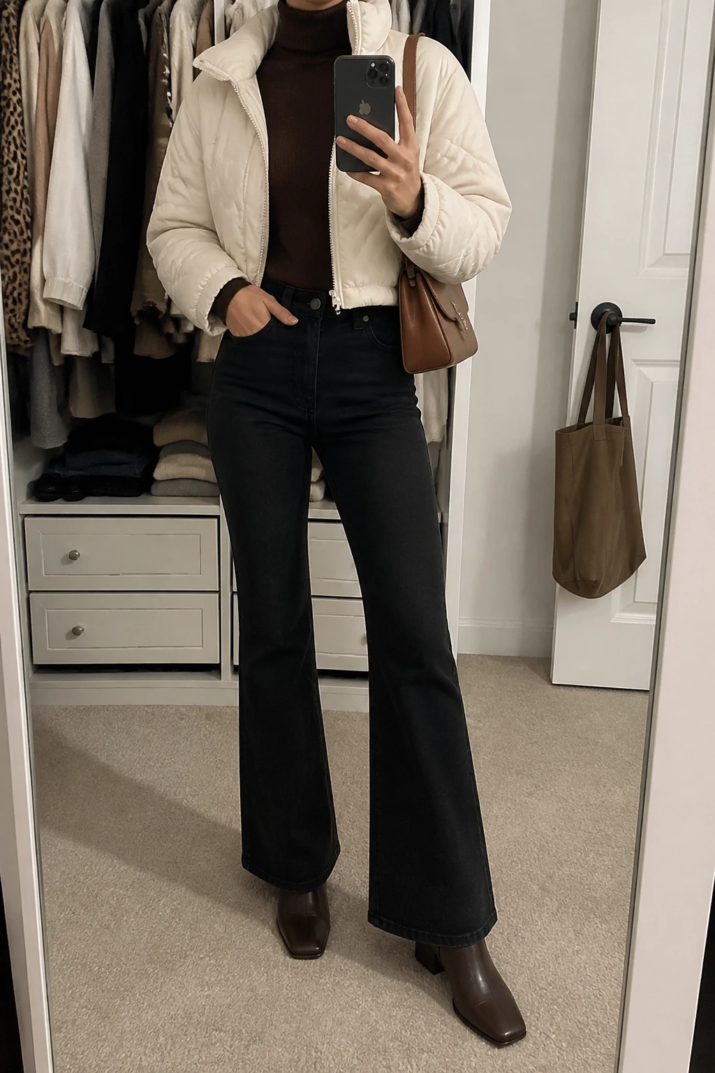 Image Prompt: Mirror selfie of a woman wearing a cream cropped insulated quilted puffer jacket over a chocolate brown fitted cashmere turtleneck sweater, black high-waisted flared denim jeans, dark brown leather square-toe ankle boots with low block heels, and a small structured caramel leather shoulder bag, holding a phone in front of a mirror, cropped at the NECK so the face does not show, with a relaxed casual selfie pose, in a walk-in closet mirror, soft indoor lighting, an open closet with clothes visible and a handbag hanging on a door handle, realistic cream puffer volume, natural chocolate knit texture and black flared denim folds, latest iPhone photo quality, no additional clothing or accessories.