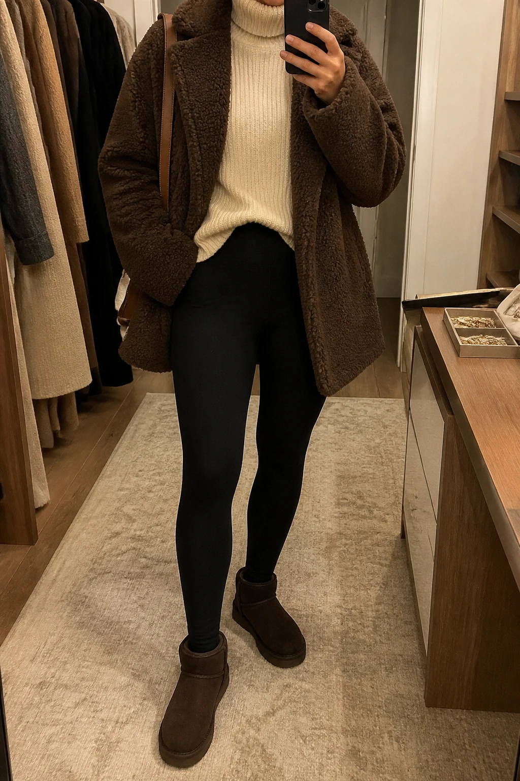 Image Prompt: Mirror selfie of a woman wearing a chocolate brown oversized teddy-fleece coat over a cream relaxed-fit ribbed knit turtleneck sweater, black high-waisted thick thermal leggings, dark brown suede flat ankle boots with rubber soles, and a small caramel leather shoulder bag, holding a phone in front of a mirror, cropped at the NECK so the face does not show, with a relaxed casual selfie pose, in a walk-in closet mirror, warm soft indoor lighting, an open closet with clothes visible and a jewelry tray on the vanity, realistic teddy-fleece texture, natural cream sweater folds and subtle suede finish, latest iPhone photo quality, no additional clothing or accessories.