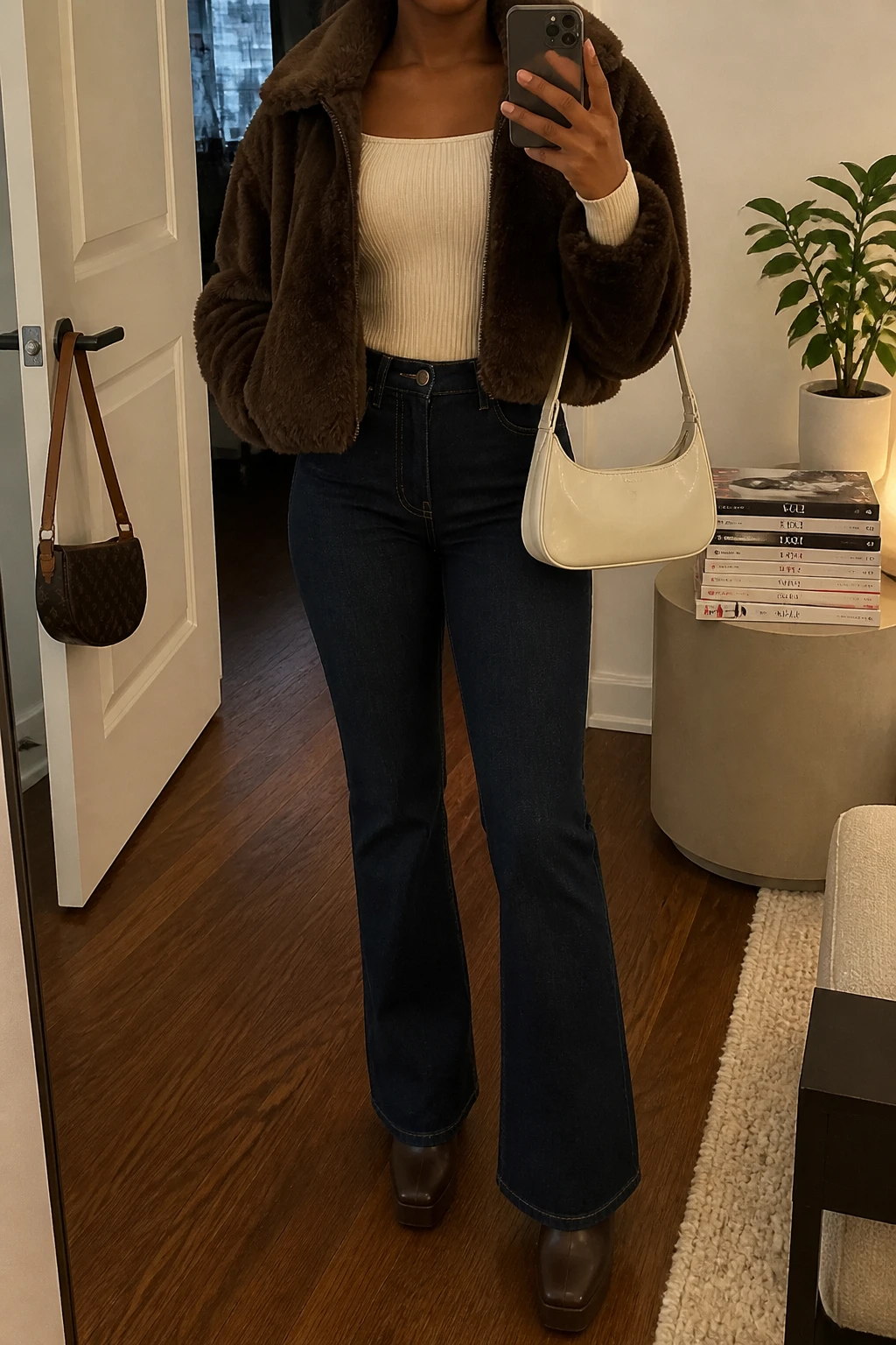 Image Prompt: Mirror selfie of a black woman wearing a cropped chocolate brown faux-fur jacket over a cream fitted ribbed long-sleeve square-neck top, dark indigo bootcut denim jeans, chocolate brown leather square-toe platform ankle boots, and a small cream patent leather baguette shoulder bag, holding a phone in front of a mirror, cropped at the NECK so the face does not show, with a relaxed casual selfie pose, in a stylish city apartment, warm soft indoor lighting, a stack of fashion magazines on a side table and a handbag hanging on a door handle, realistic brown faux-fur texture, natural bootcut denim folds and subtle cream patent leather shine, latest iPhone photo quality, no additional clothing or accessories.